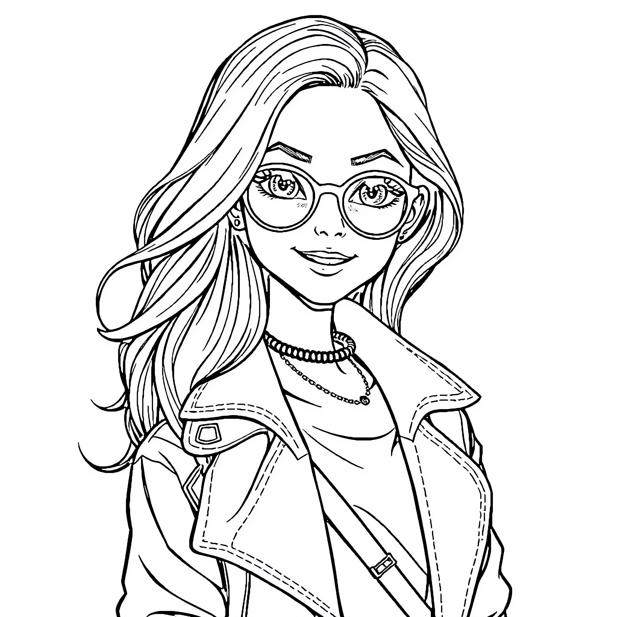 Girl in stylish glasses and casual outfit Coloring Page (free black-and-white line drawing printable PDF for all, from beginners to advanced learners, including children, teens, adults, and seniors)