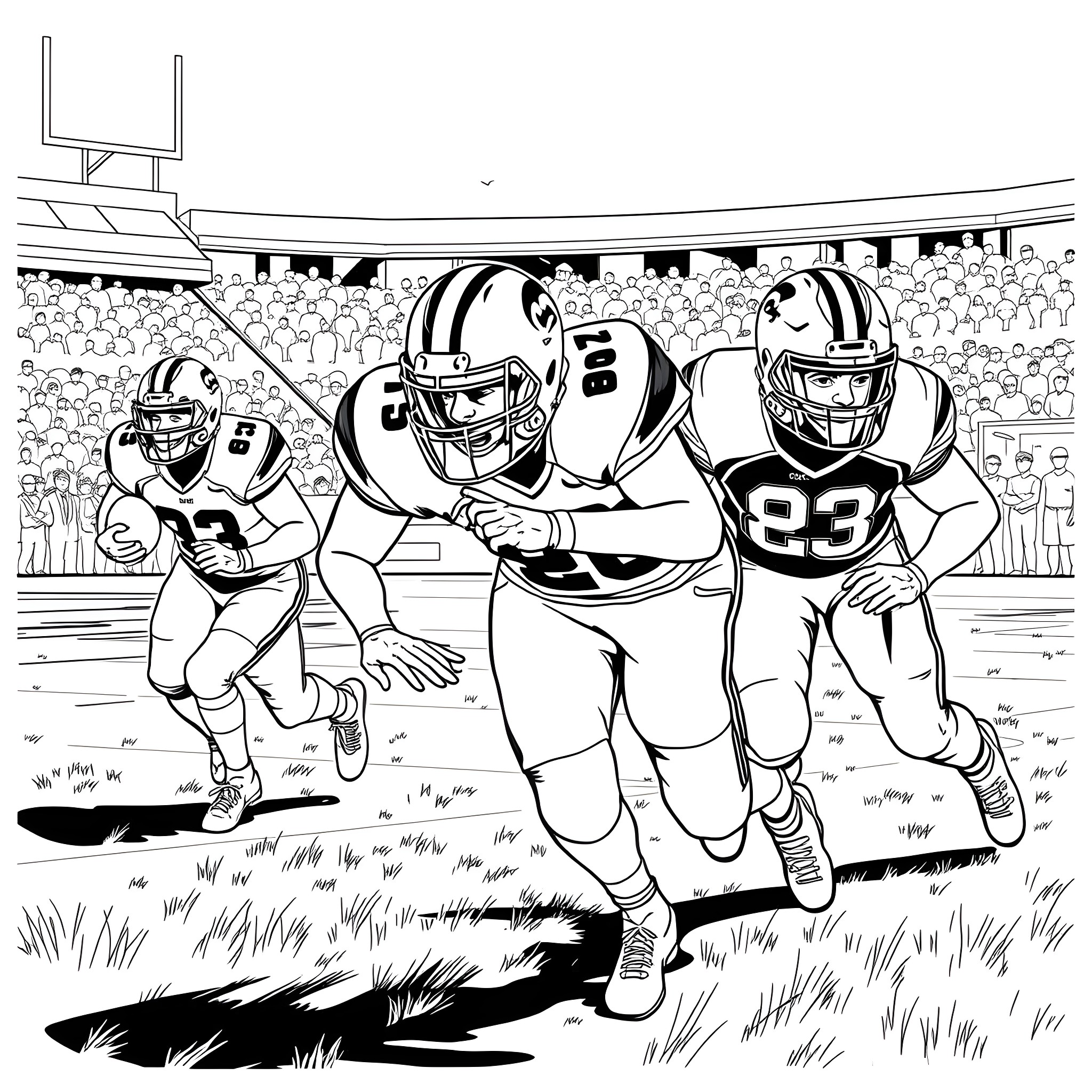 Tiger players competing in an intense football game Coloring Page (free black-and-white line drawing printable PDF for all, from beginners to advanced learners, including children, teens, adults, and seniors)
