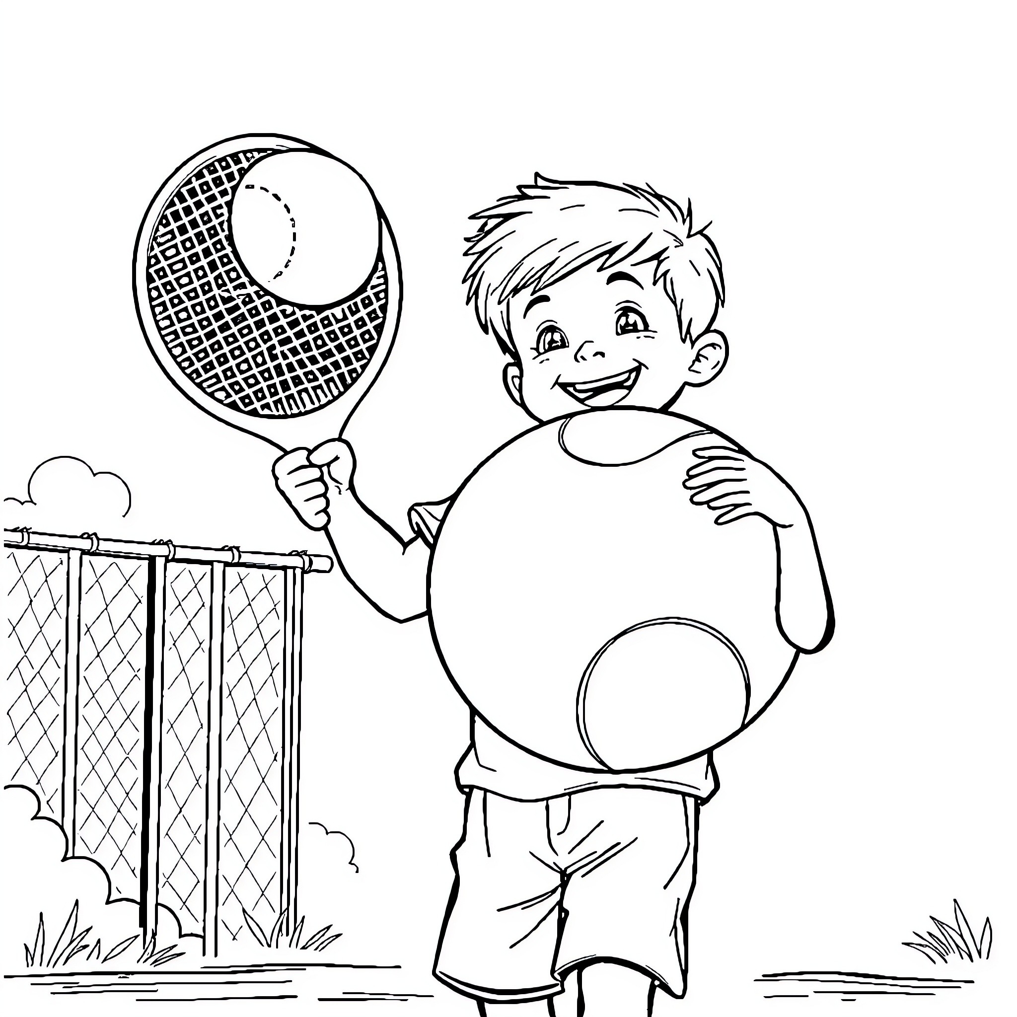 Boy happily playing tennis on the court Coloring Page (free black-and-white line drawing printable PDF for all, from beginners to advanced learners, including children, teens, adults, and seniors)