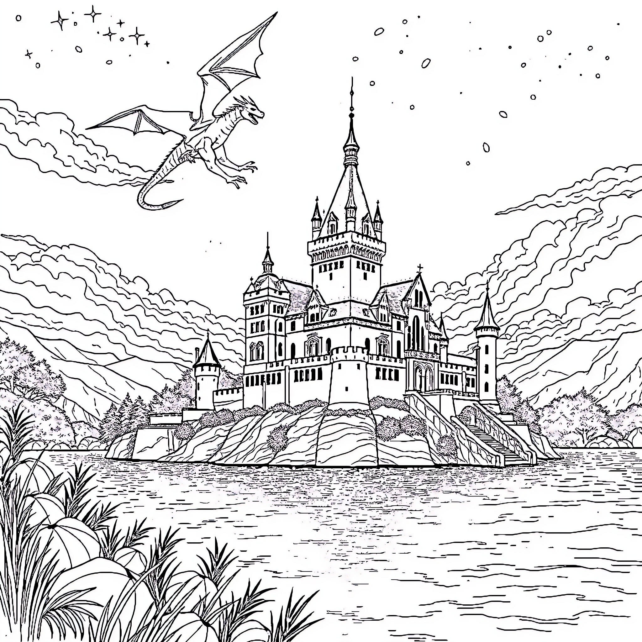 Dragon soaring over a magical castle Coloring Page (free black-and-white line drawing printable PDF for all, from beginners to advanced learners, including children, teens, adults, and seniors)