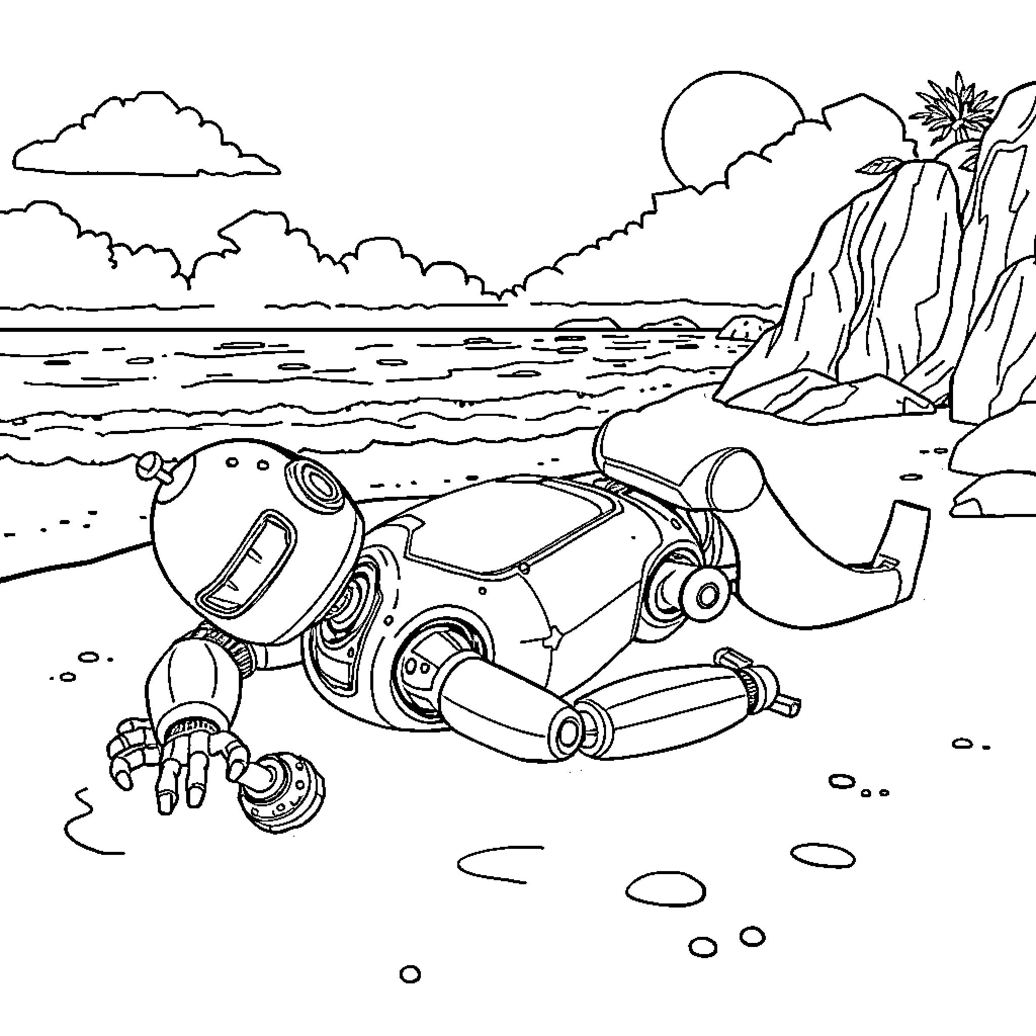 Robot exploring the beach and seascape Coloring Page (free black-and-white line drawing printable PDF for all, from beginners to advanced learners, including children, teens, adults, and seniors)
