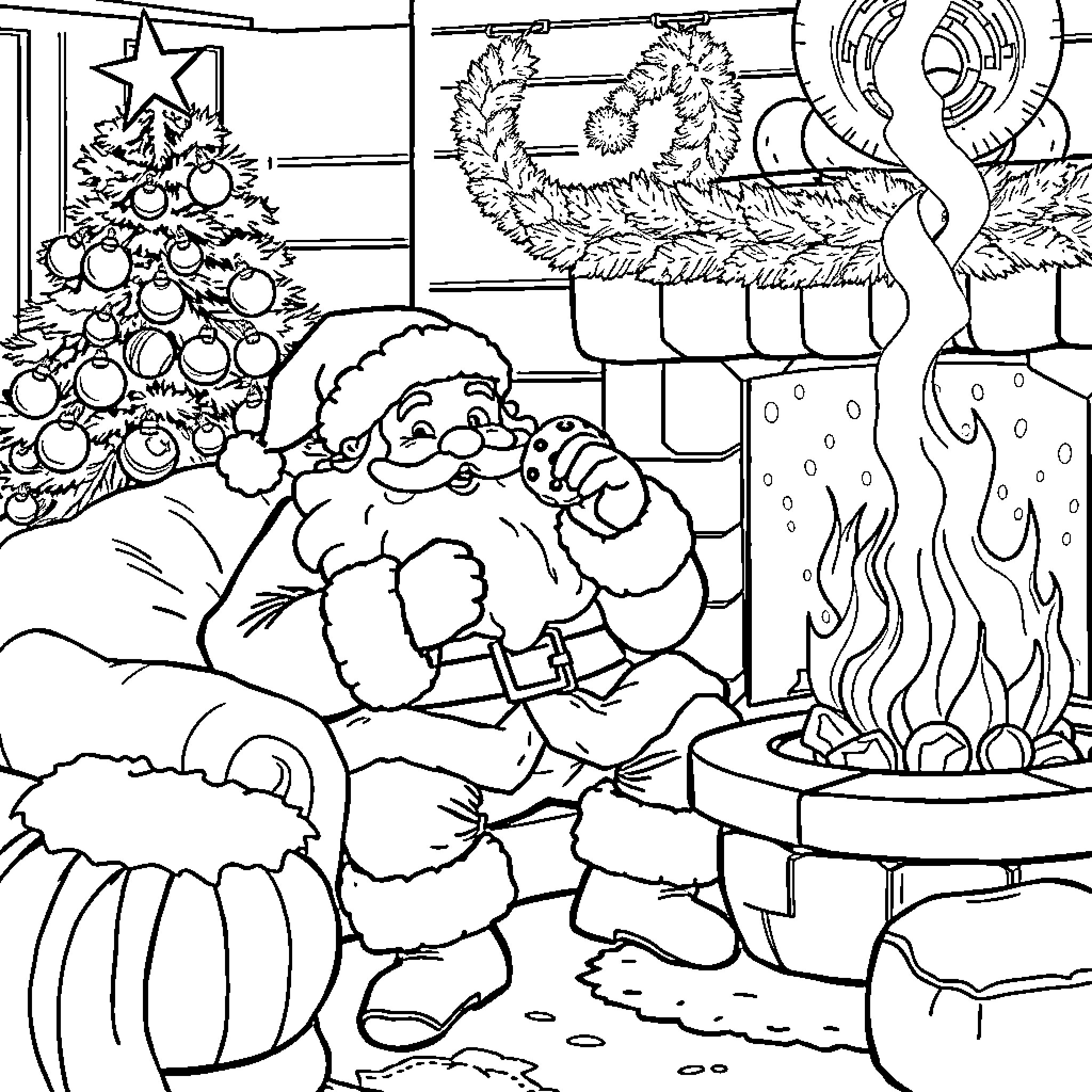 Santa Claus relaxing by the fireplace on Christmas Eve Coloring Page (free black-and-white line drawing printable PDF for all, from beginners to advanced learners, including children, teens, adults, and seniors)