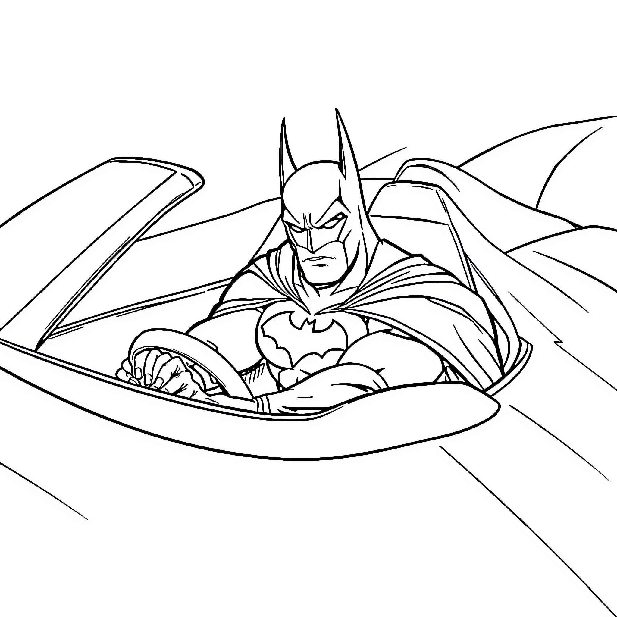 Batman Soaring in His Iconic Batmobile Coloring Page (free black-and-white line drawing printable PDF for all, from beginners to advanced learners, including children, teens, adults, and seniors)