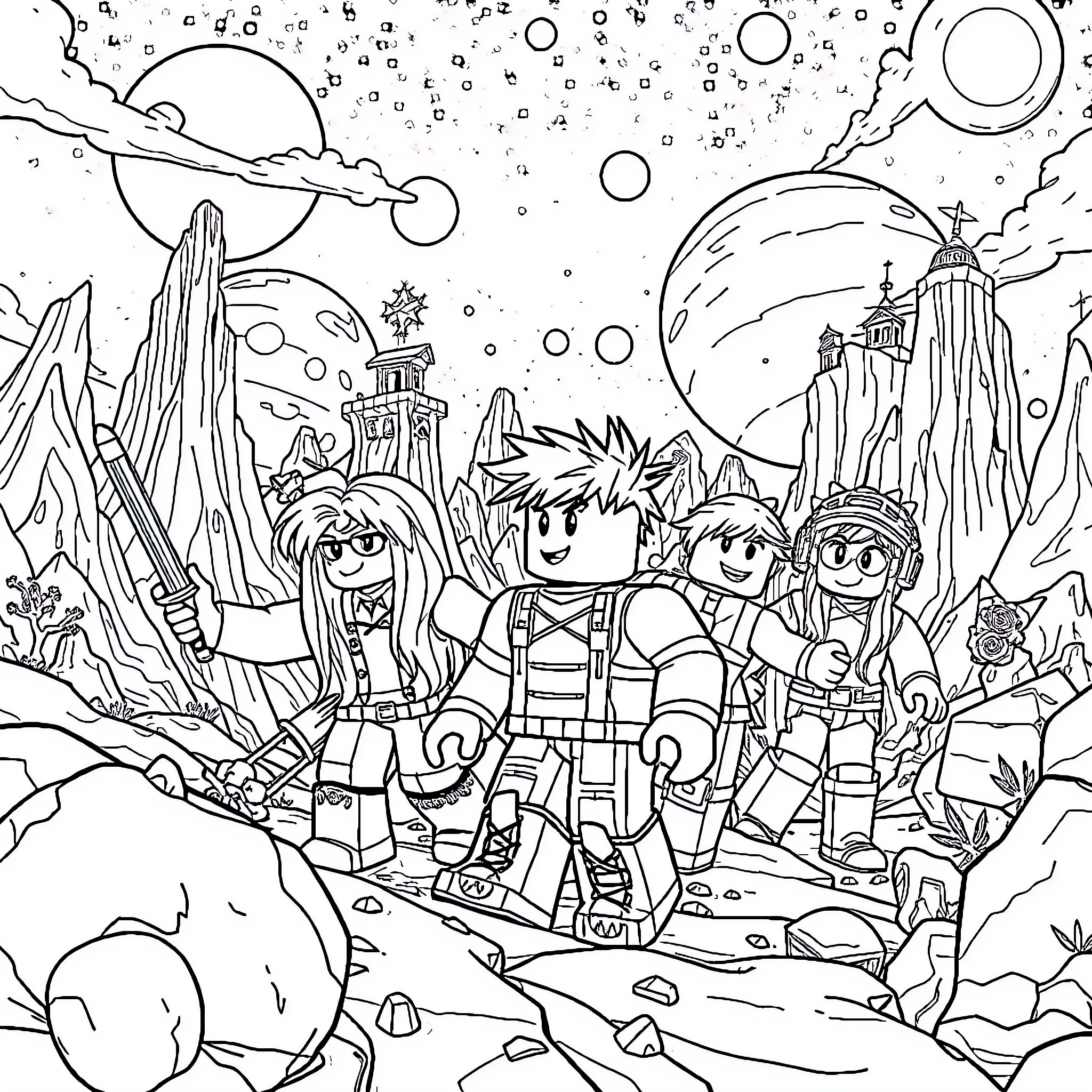 Roblox characters in a fantastical landscape Coloring Page (free black-and-white line drawing printable PDF for all, from beginners to advanced learners, including children, teens, adults, and seniors)