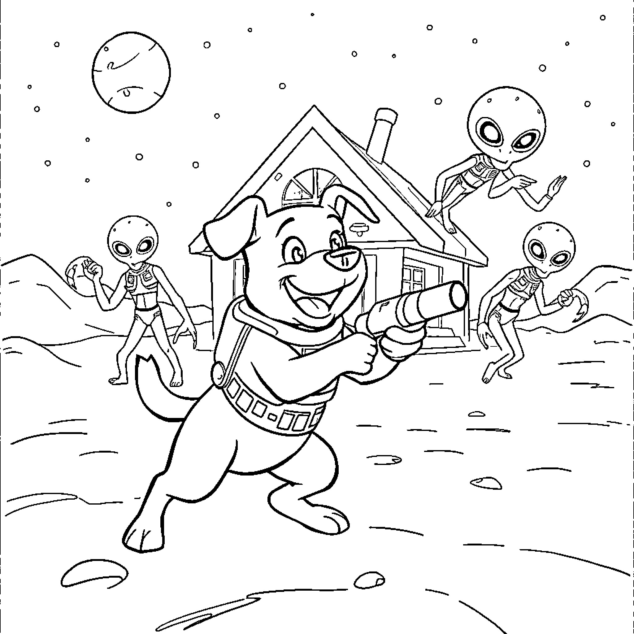 Courageous pup defending home from friendly aliens Coloring Page (free black-and-white line drawing printable PDF for all, from beginners to advanced learners, including children, teens, adults, and seniors)
