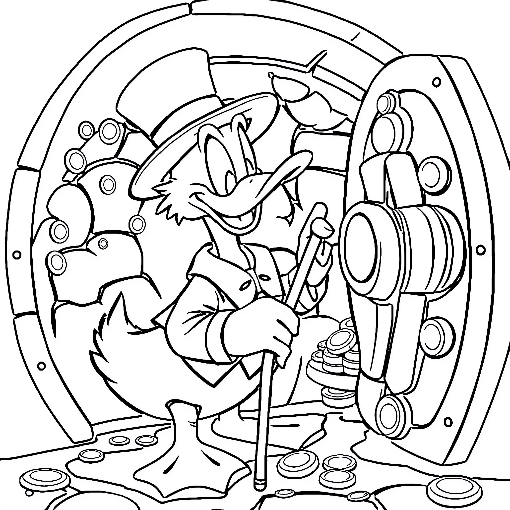 Picsou's Comical Escapades in Whimsical Surroundings Coloring Page (free black-and-white line drawing printable PDF for all, from beginners to advanced learners, including children, teens, adults, and seniors)