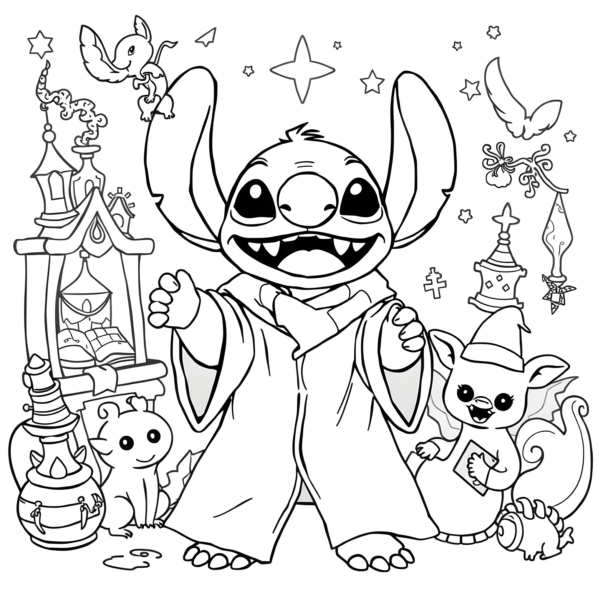 Stitch surrounded by magical creatures and objects Coloring Page (free black-and-white line drawing printable PDF for all, from beginners to advanced learners, including children, teens, adults, and seniors)