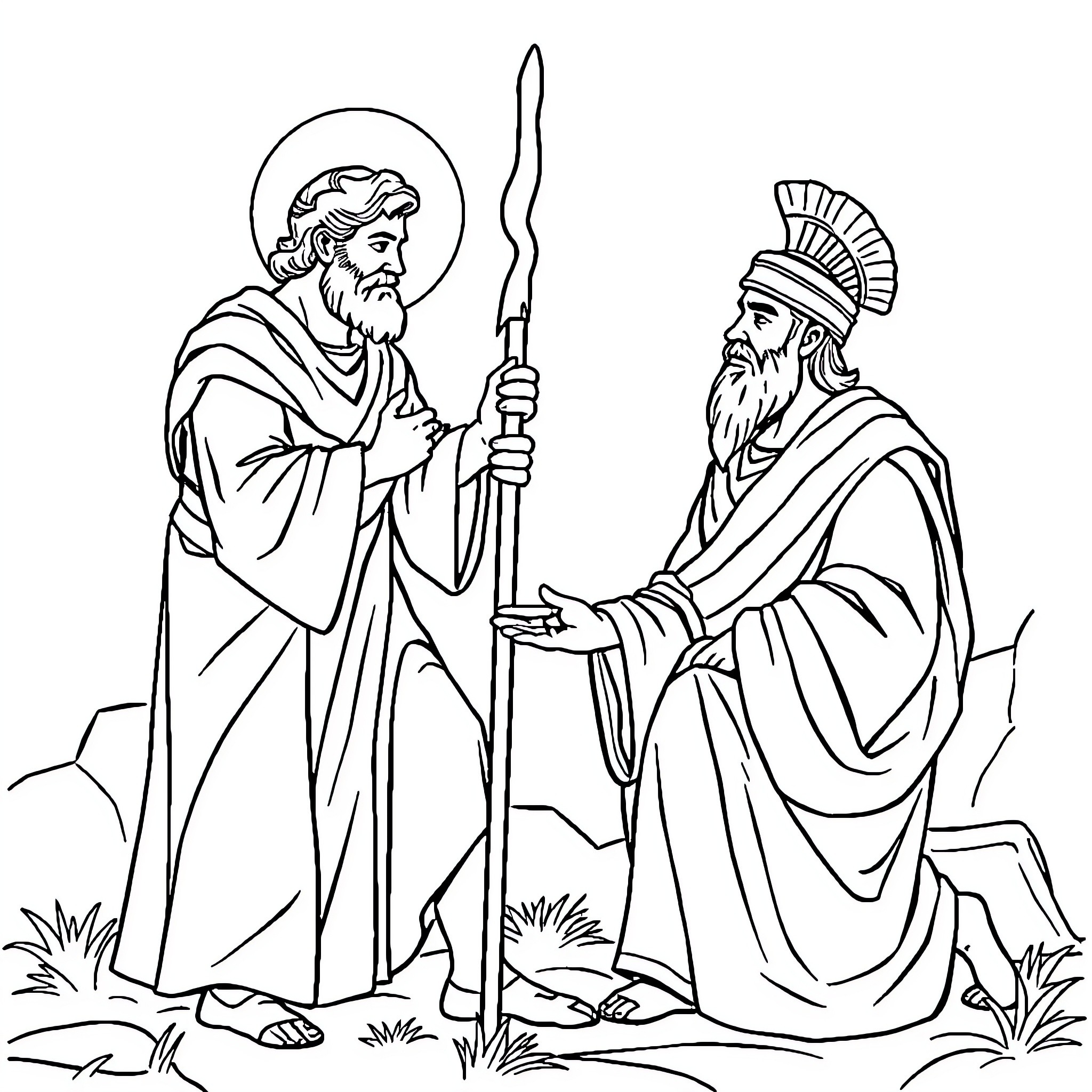 Peter and the Apostle in Robes Discussing Coloring Page (free black-and-white line drawing printable PDF for all, from beginners to advanced learners, including children, teens, adults, and seniors)