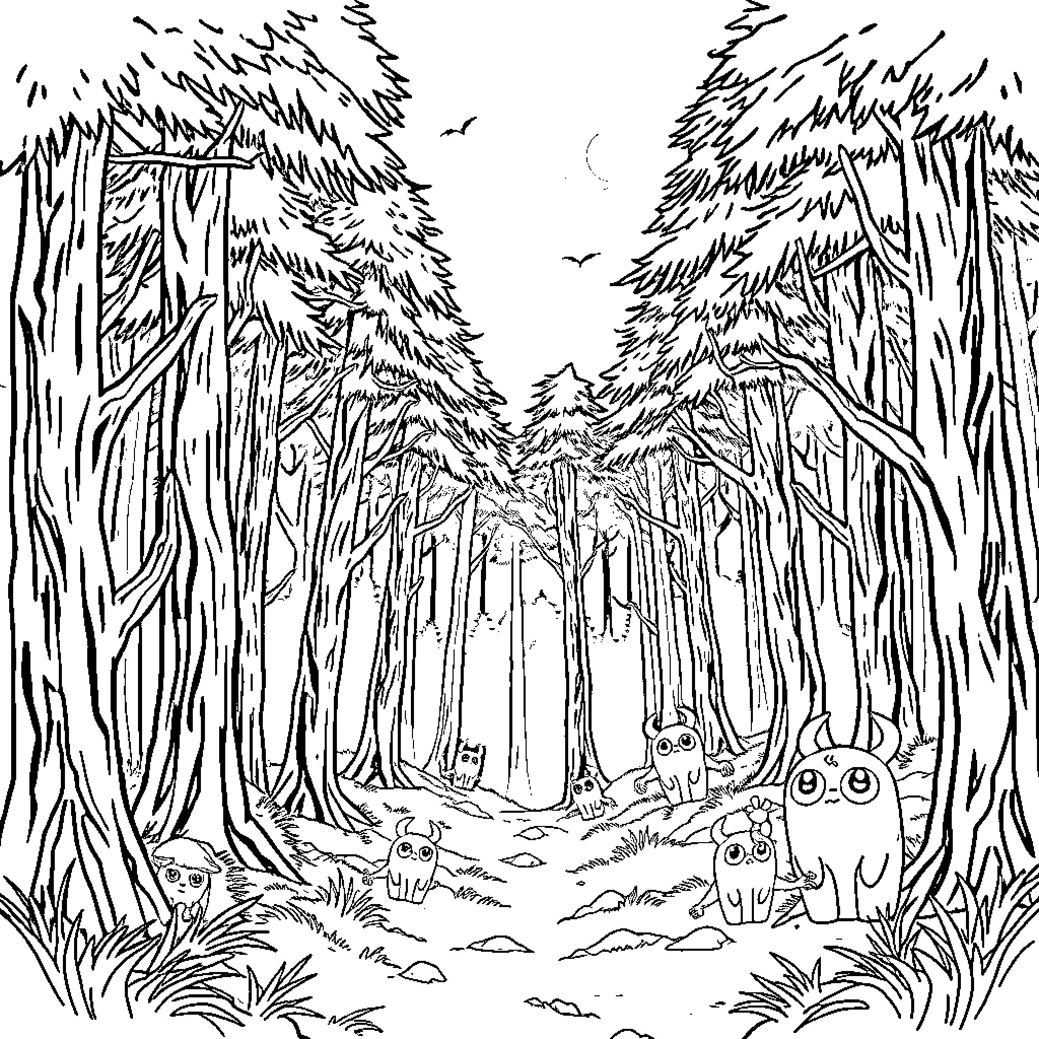 Roblox characters exploring enchanted forest landscape Coloring Page (free black-and-white line drawing printable PDF for all, from beginners to advanced learners, including children, teens, adults, and seniors)