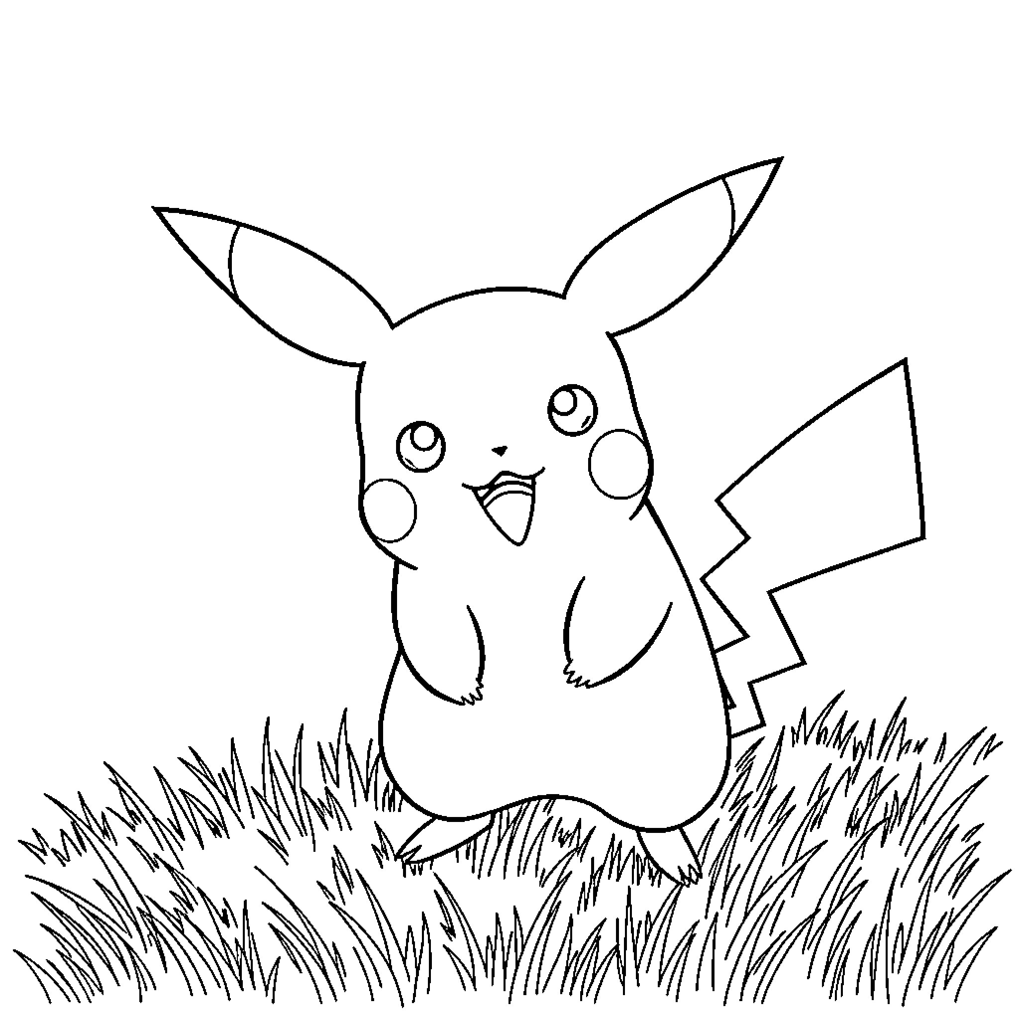 Pikachu sitting happily in the grass Coloring Page (free black-and-white line drawing printable PDF for all, from beginners to advanced learners, including children, teens, adults, and seniors)
