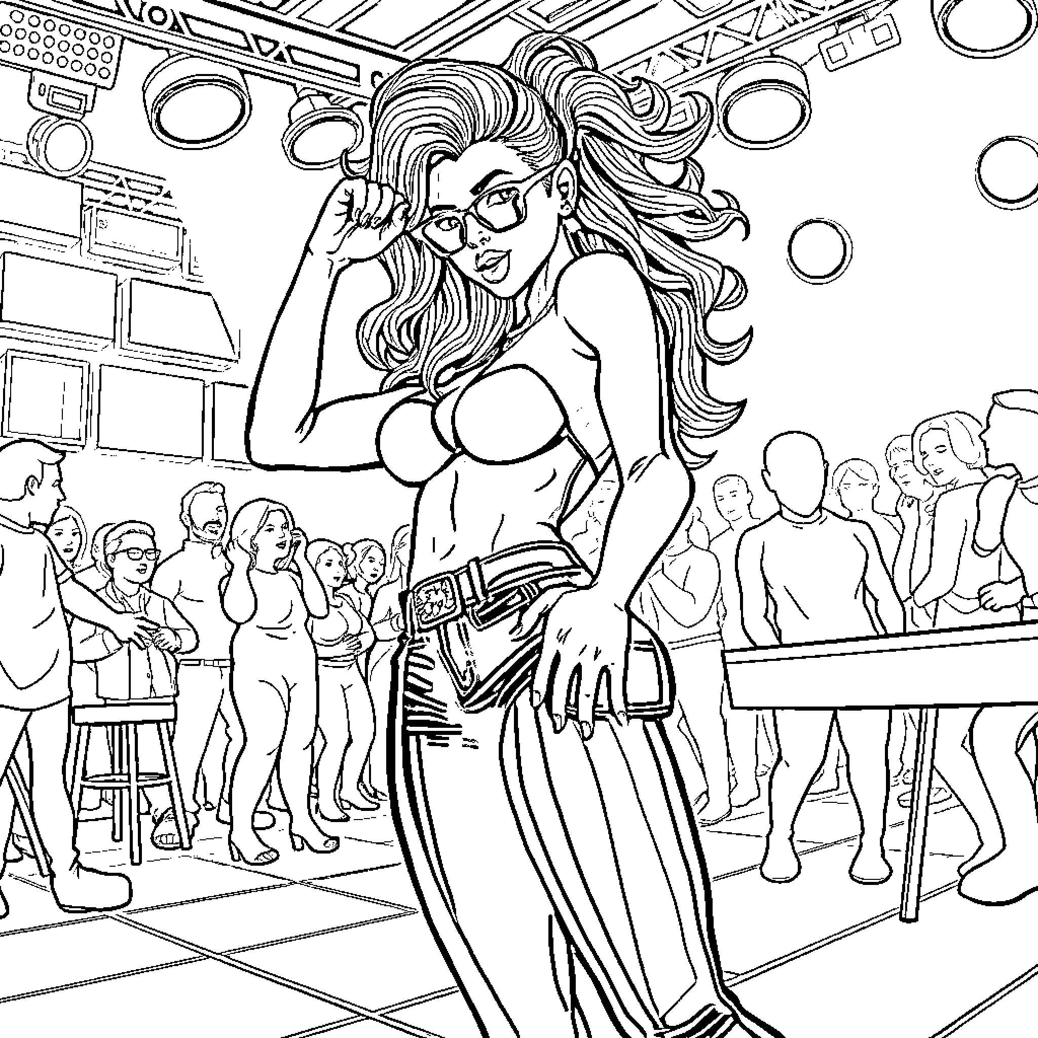 Baddie dancing confidently on stage before crowd Coloring Page (free black-and-white line drawing printable PDF for all, from beginners to advanced learners, including children, teens, adults, and seniors)