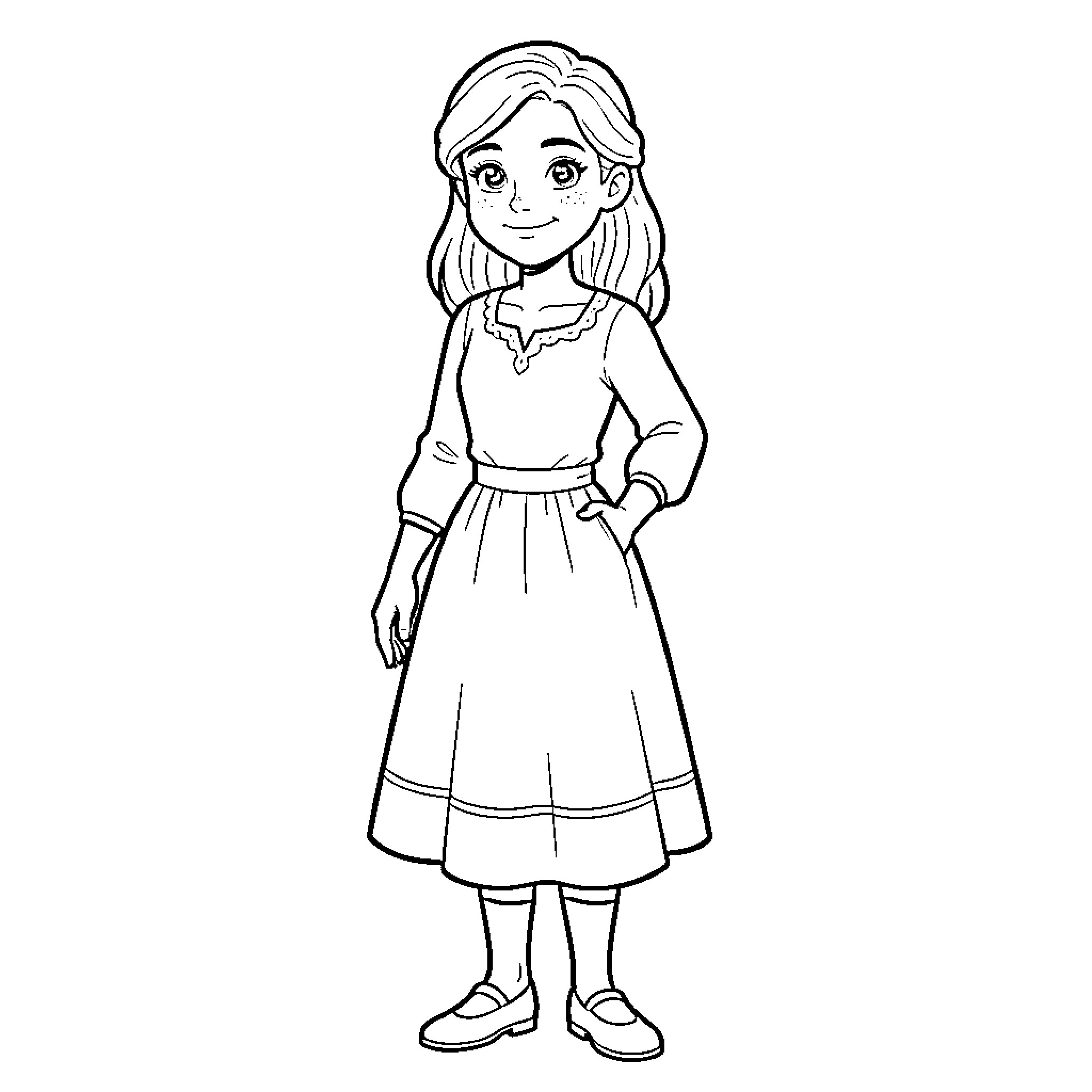 Lucinda standing smiling in a long dress Coloring Page (free black-and-white line drawing printable PDF for all, from beginners to advanced learners, including children, teens, adults, and seniors)