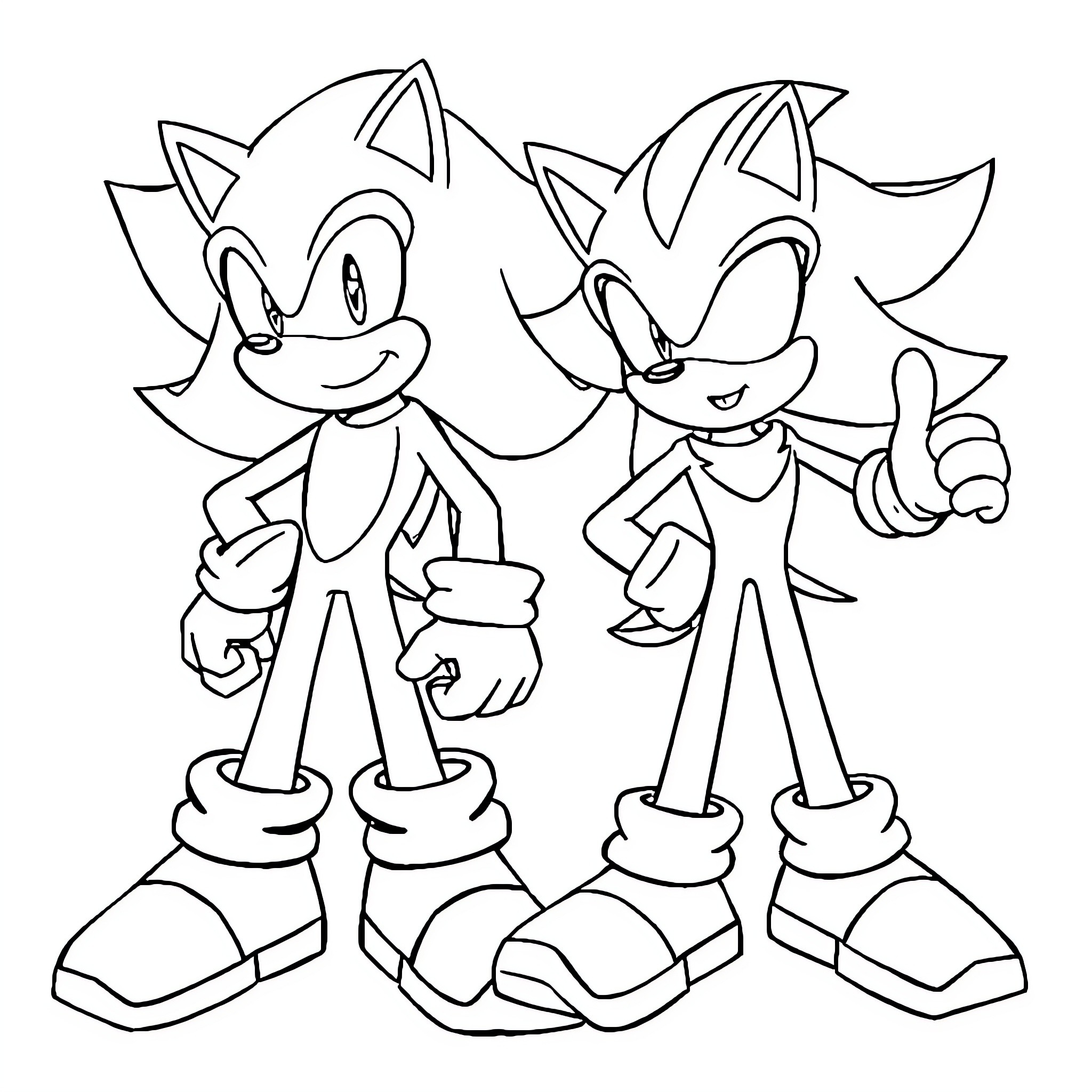 Sonic Characters in Playful Poses Coloring Page (free black-and-white line drawing printable PDF for all, from beginners to advanced learners, including children, teens, adults, and seniors)