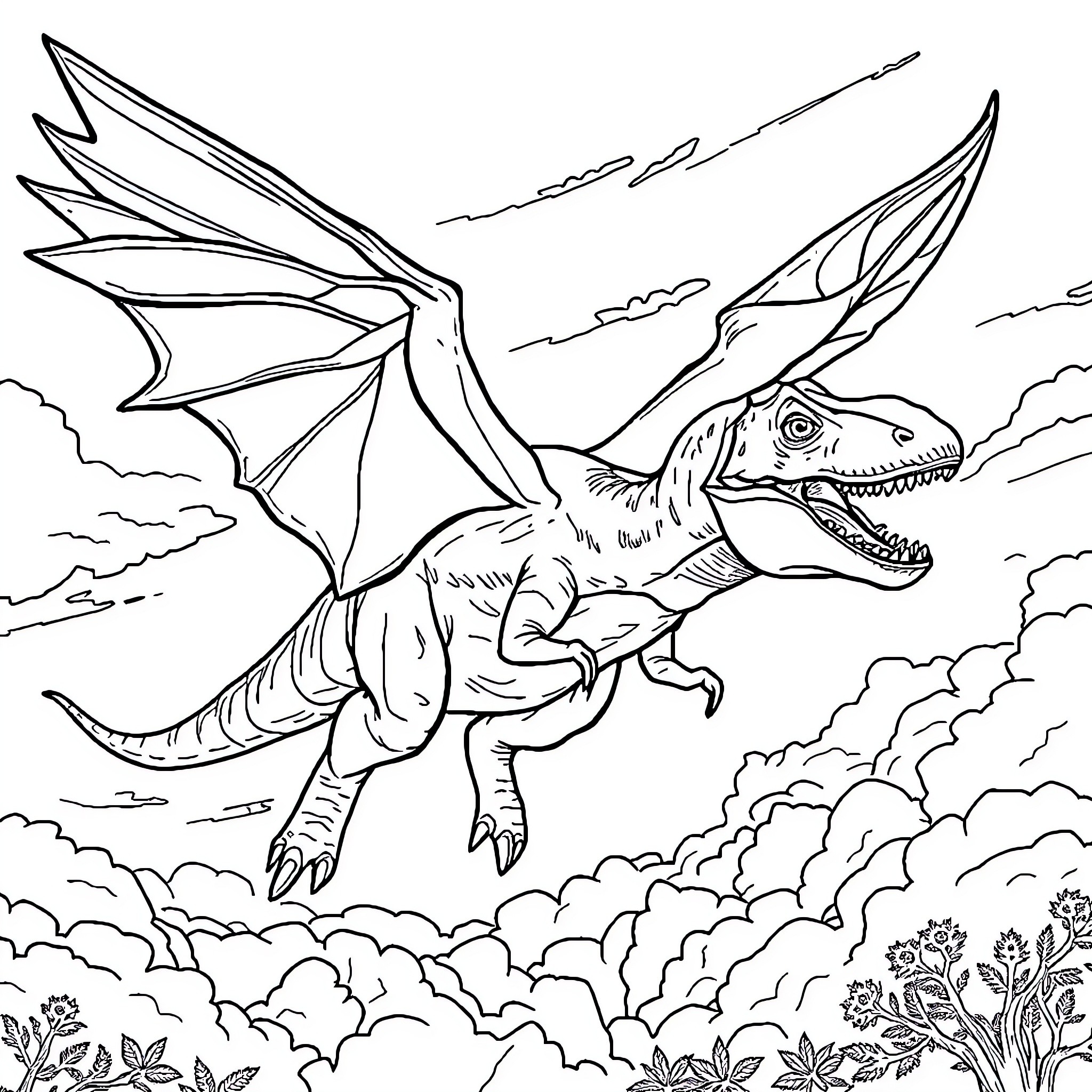Flying Tyrannosaurus soaring through the clouds Coloring Page (free black-and-white line drawing printable PDF for all, from beginners to advanced learners, including children, teens, adults, and seniors)