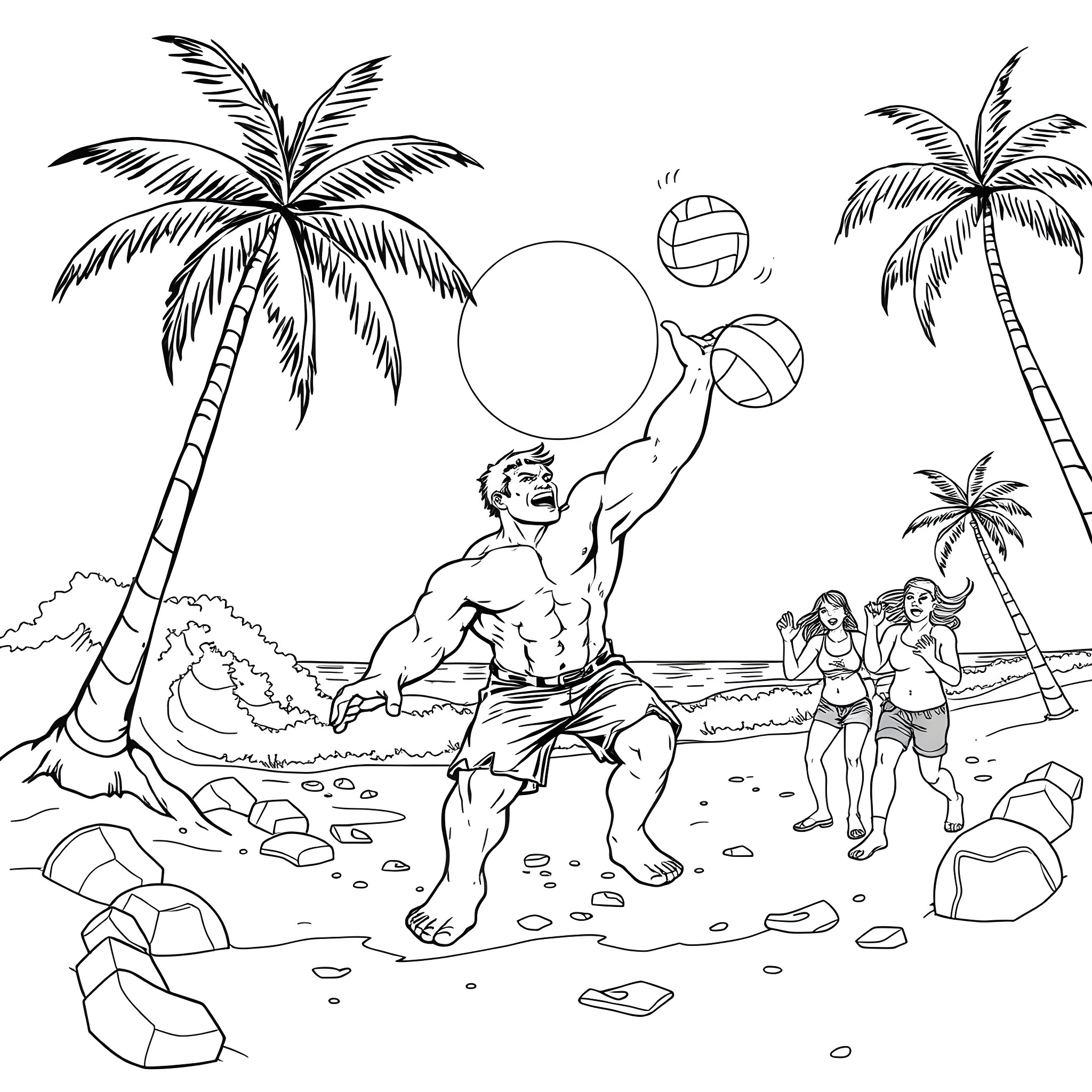 Hulk enjoying a beach volleyball game with friends Coloring Page (free black-and-white line drawing printable PDF for all, from beginners to advanced learners, including children, teens, adults, and seniors)