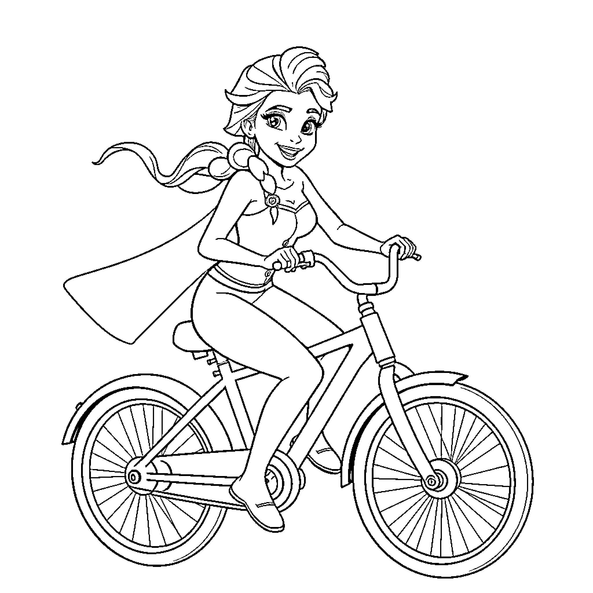 Elsa riding a bicycle with a happy expression Coloring Page (free black-and-white line drawing printable PDF for all, from beginners to advanced learners, including children, teens, adults, and seniors)