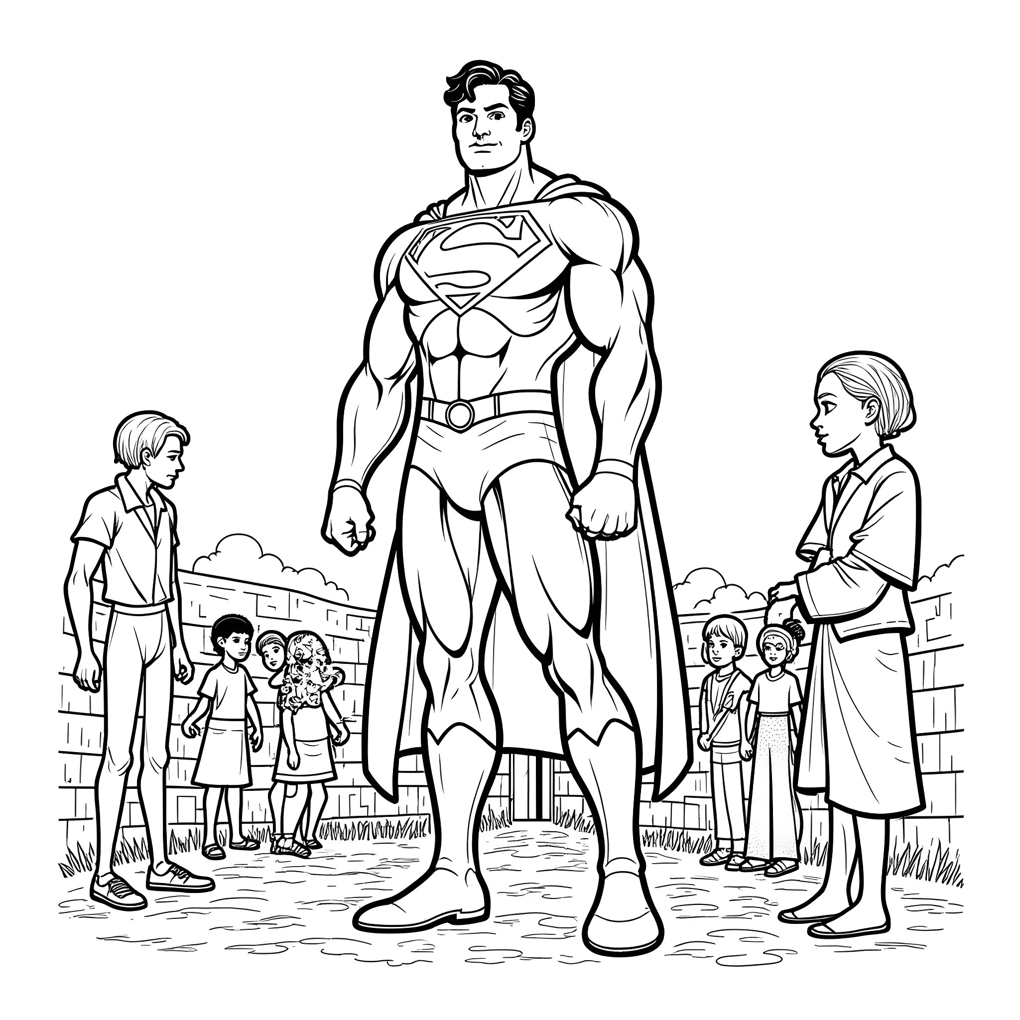 Superman heroically stands among civilians Coloring Page (free black-and-white line drawing printable PDF for all, from beginners to advanced learners, including children, teens, adults, and seniors)