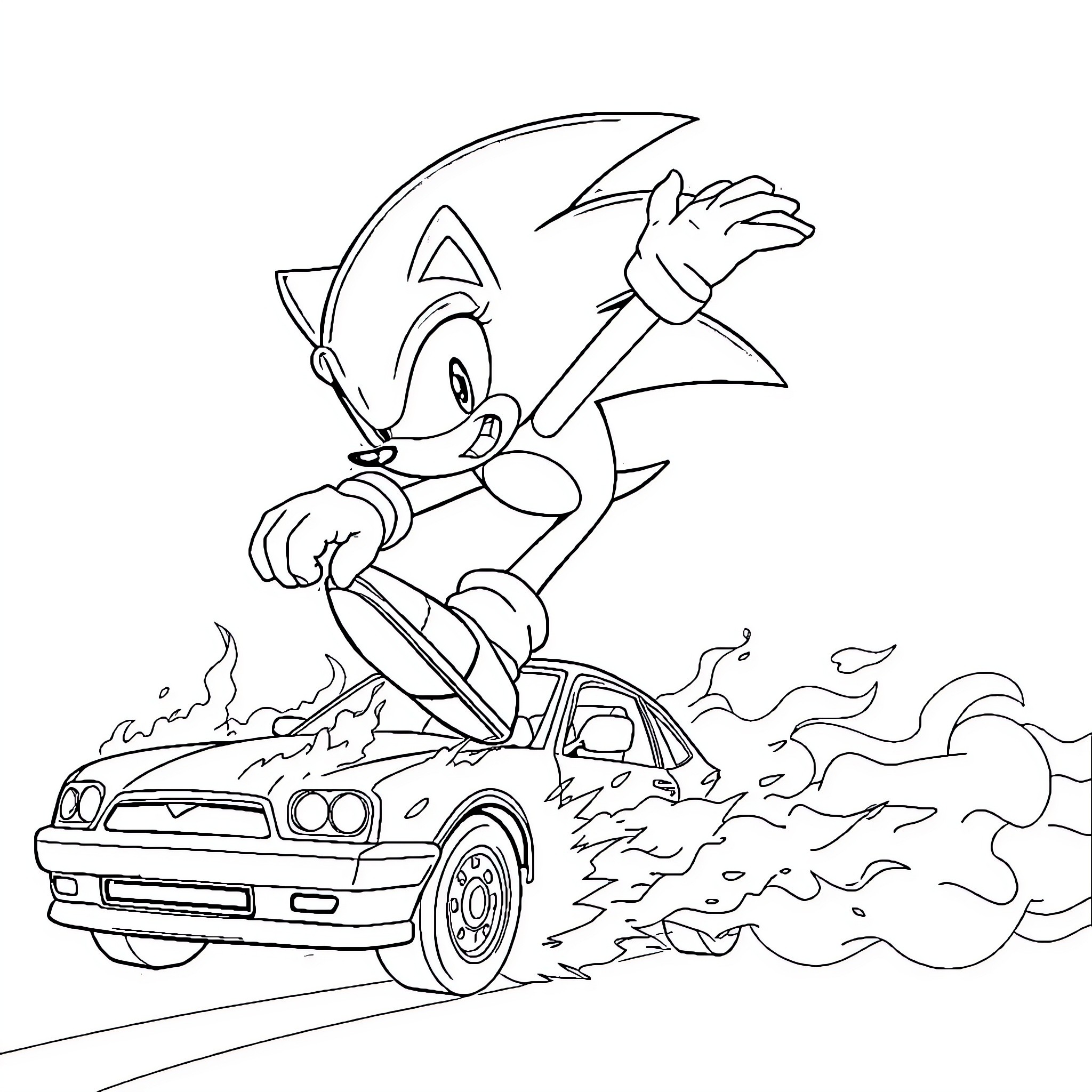Sonic dashing through the road in a speedy car Coloring Page (free black-and-white line drawing printable PDF for all, from beginners to advanced learners, including children, teens, adults, and seniors)