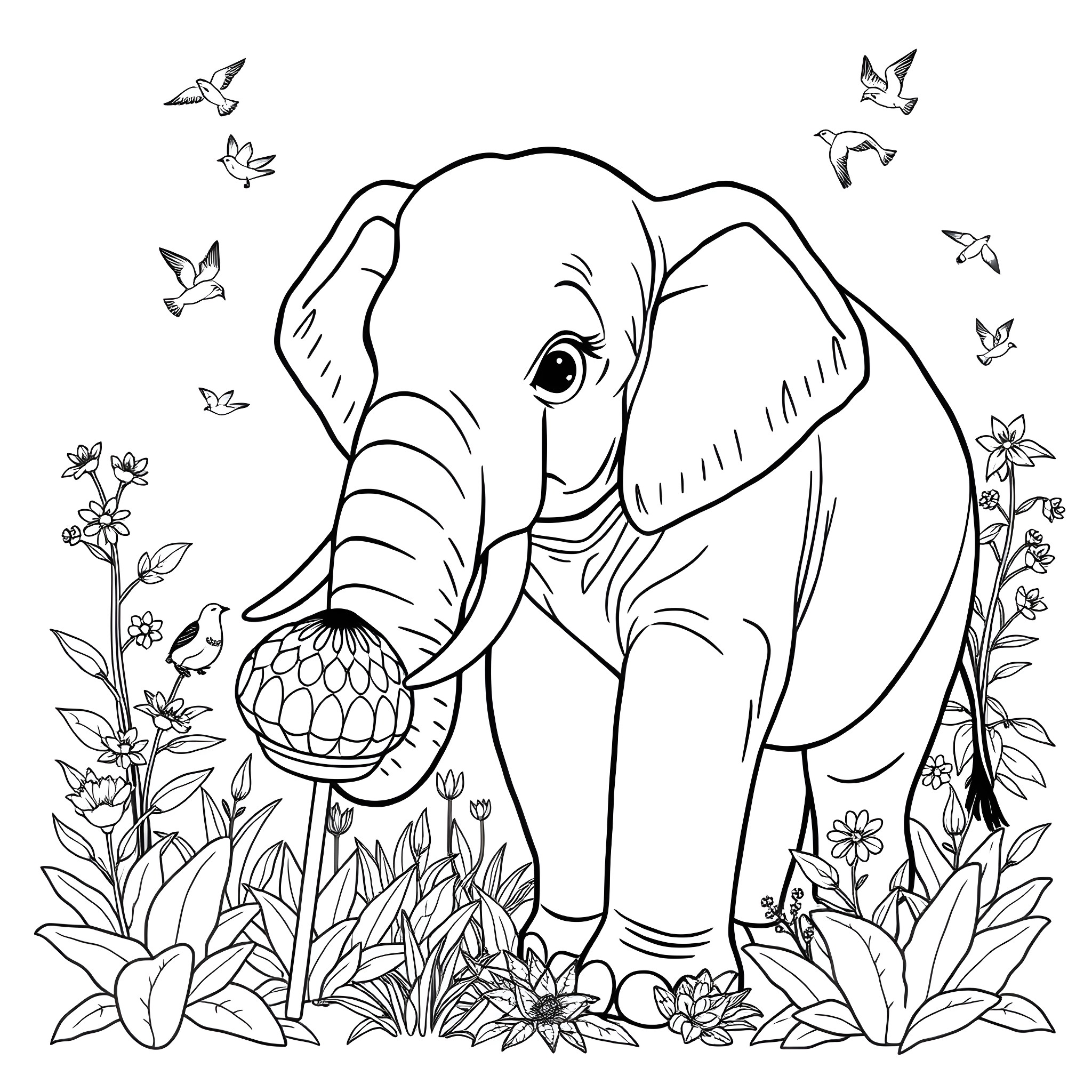 Elephant exploring a lush floral garden Coloring Page (free black-and-white line drawing printable PDF for all, from beginners to advanced learners, including children, teens, adults, and seniors)