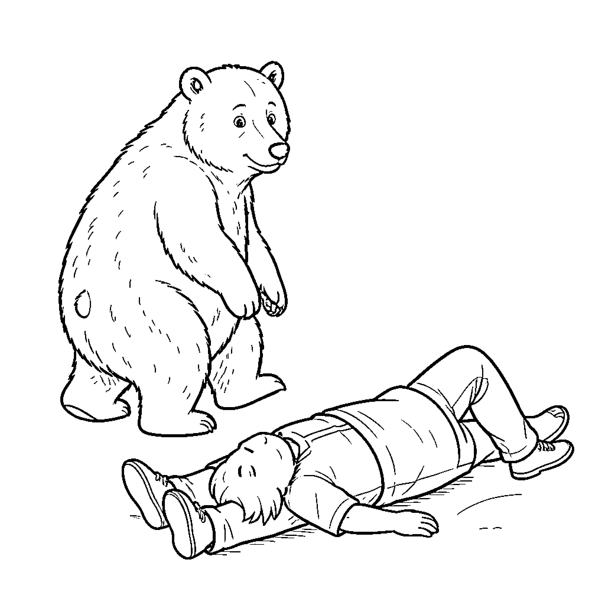 Bear observing injured person lying on ground Coloring Page (free black-and-white line drawing printable PDF for all, from beginners to advanced learners, including children, teens, adults, and seniors)