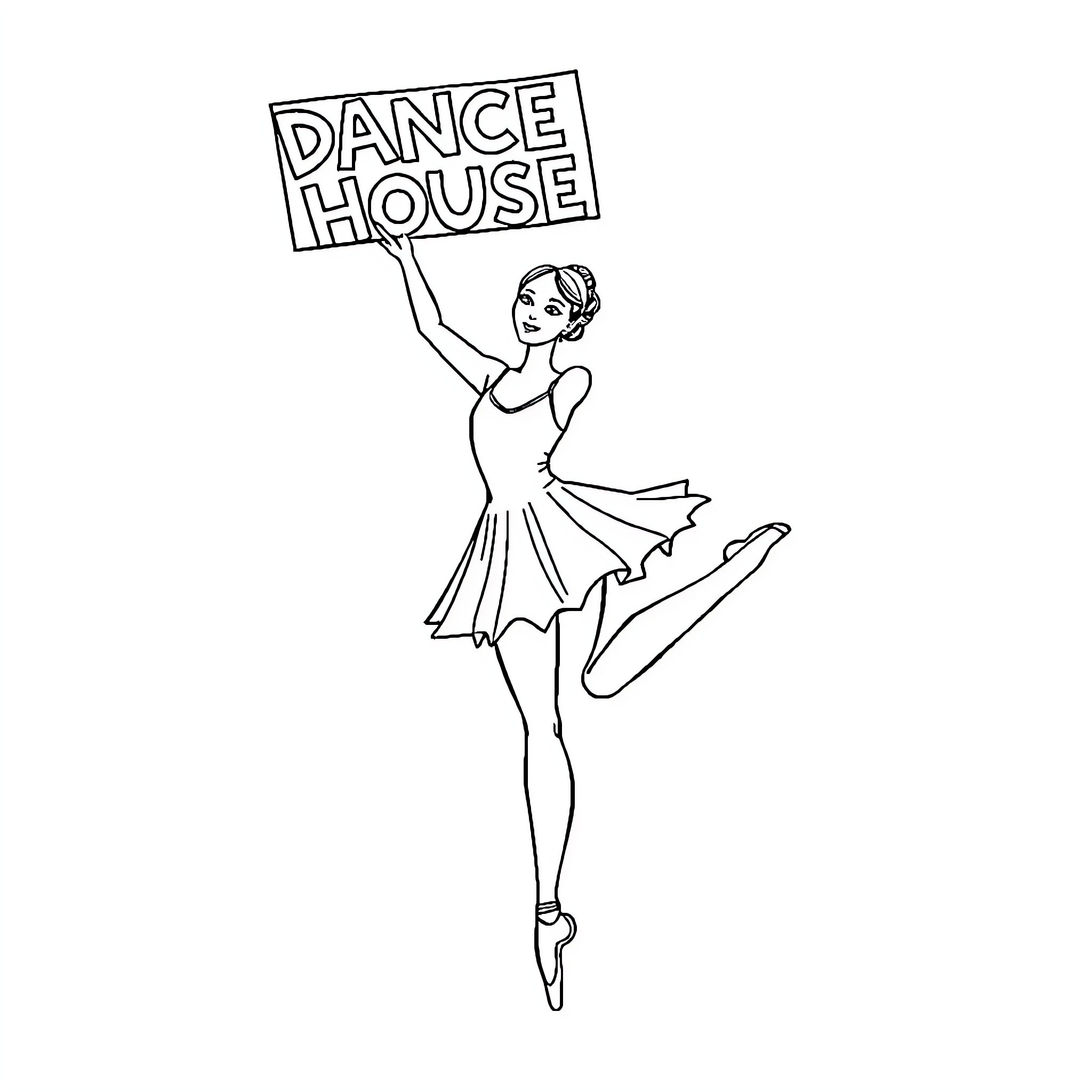 Ballerina promoting dance house with sign Coloring Page (free black-and-white line drawing printable PDF for all, from beginners to advanced learners, including children, teens, adults, and seniors)