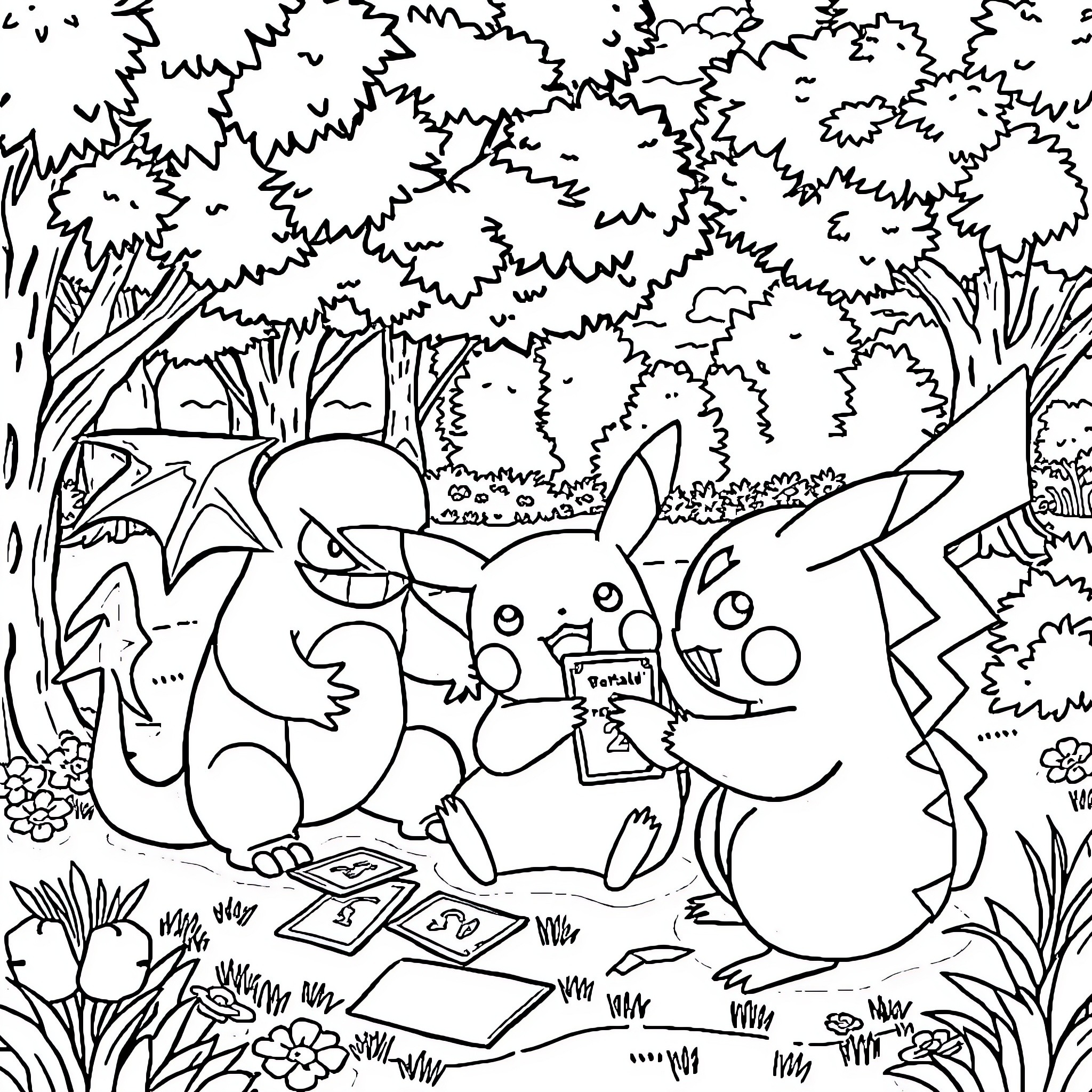 Pikachu and friends playing in a lush forest Coloring Page (free black-and-white line drawing printable PDF for all, from beginners to advanced learners, including children, teens, adults, and seniors)