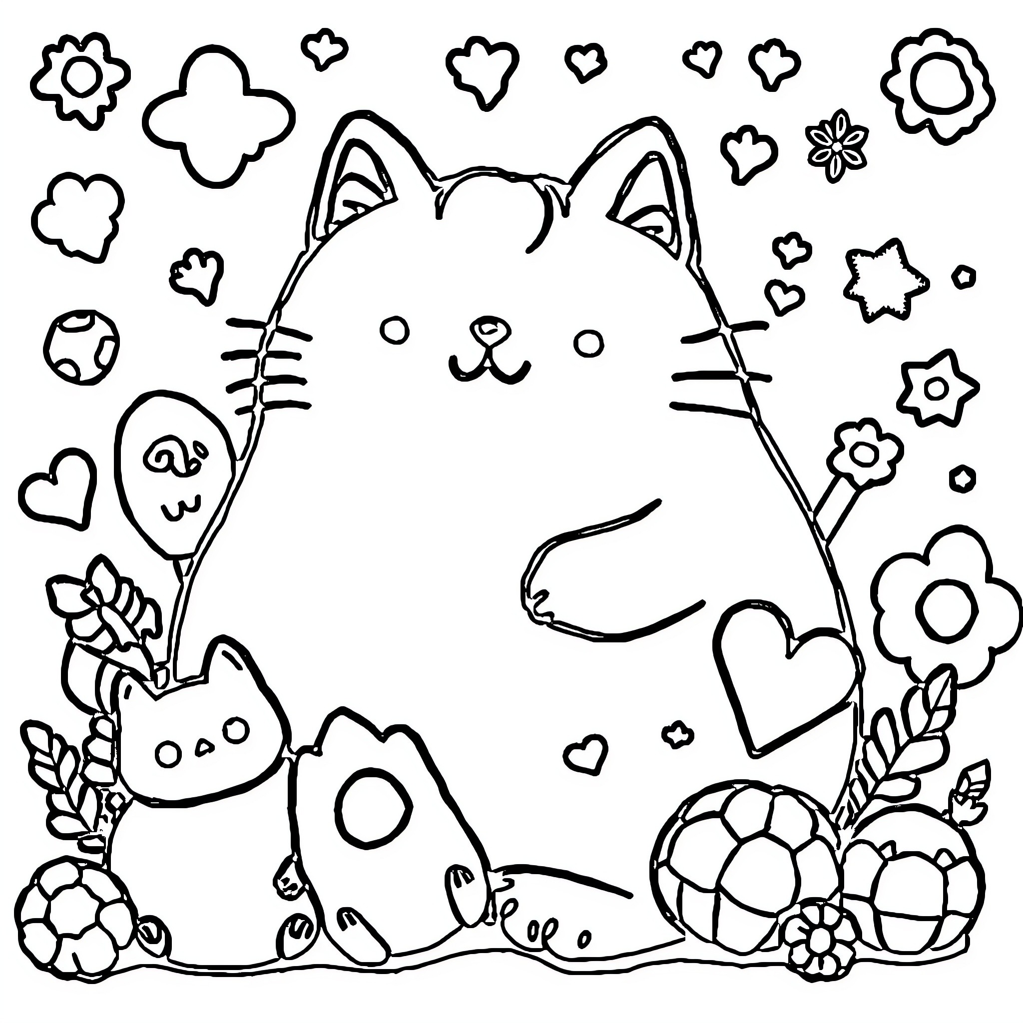 Pusheen surrounded by cute doodles and symbols Coloring Page (free black-and-white line drawing printable PDF for all, from beginners to advanced learners, including children, teens, adults, and seniors)