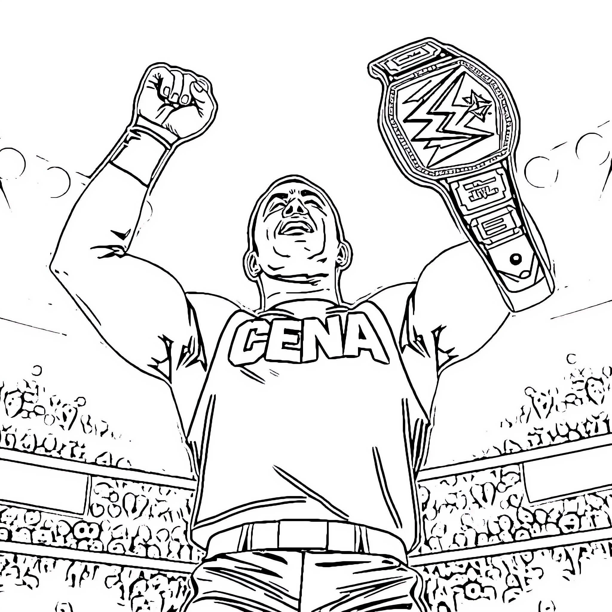 John Cena Celebrates Victory with Championship Belt Coloring Page (free black-and-white line drawing printable PDF for all, from beginners to advanced learners, including children, teens, adults, and seniors)