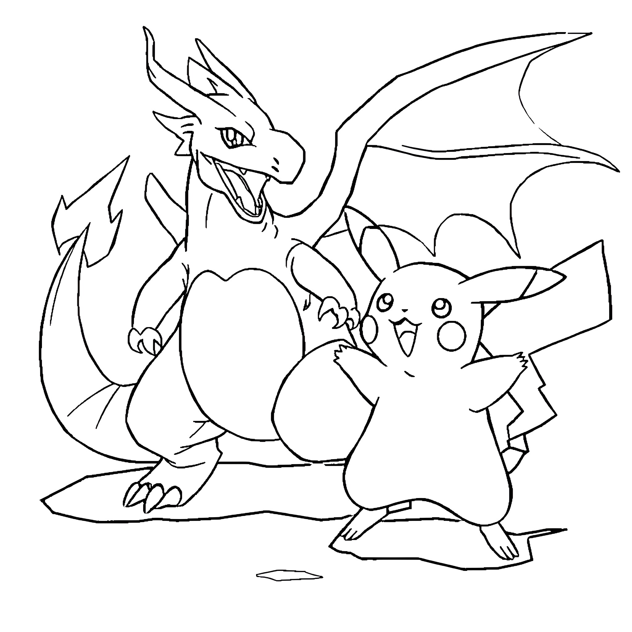 Pikachu and dragon-like creature in an adventure Coloring Page (free black-and-white line drawing printable PDF for all, from beginners to advanced learners, including children, teens, adults, and seniors)