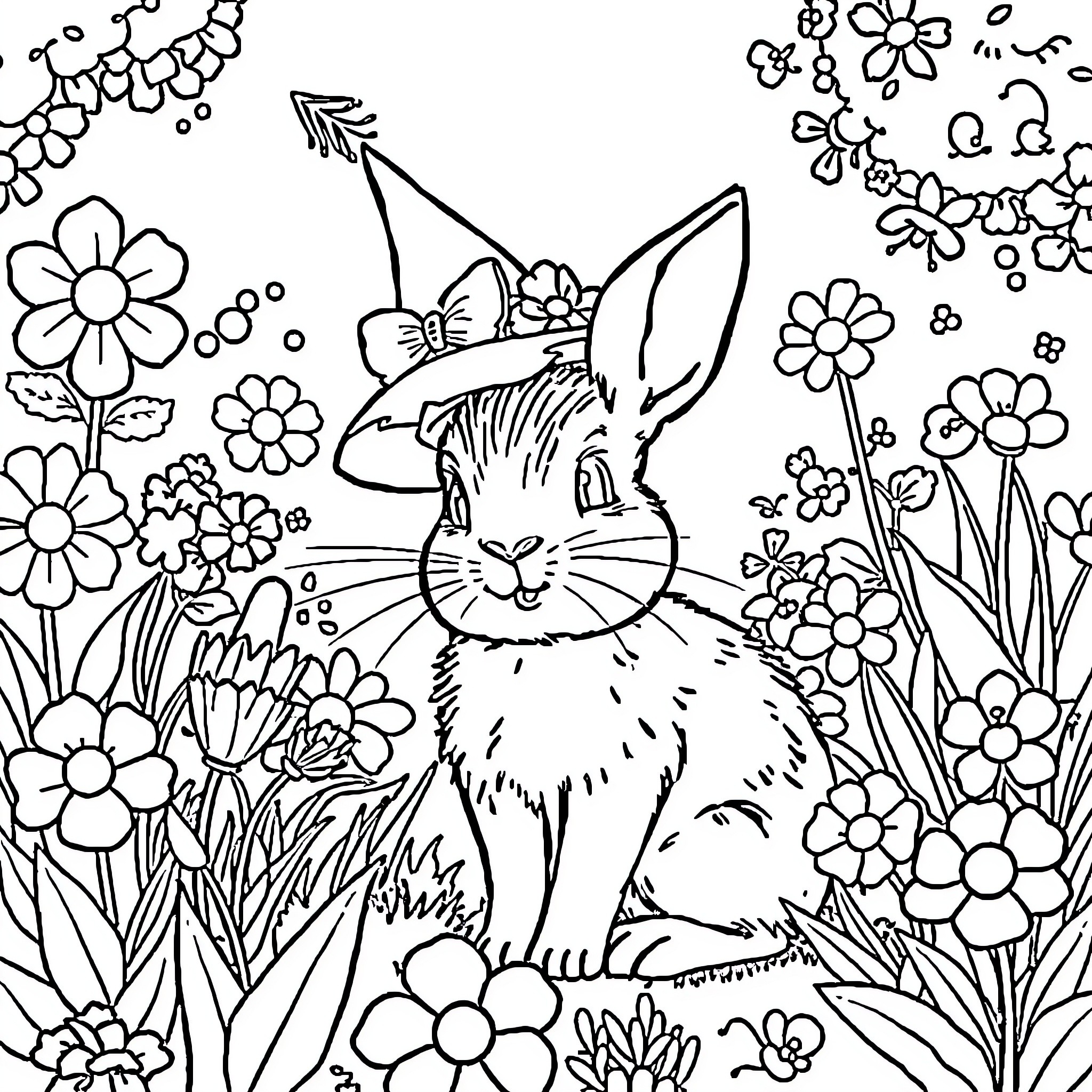 Lollipop bunny amongst spring flowers Coloring Page (free black-and-white line drawing printable PDF for all, from beginners to advanced learners, including children, teens, adults, and seniors)