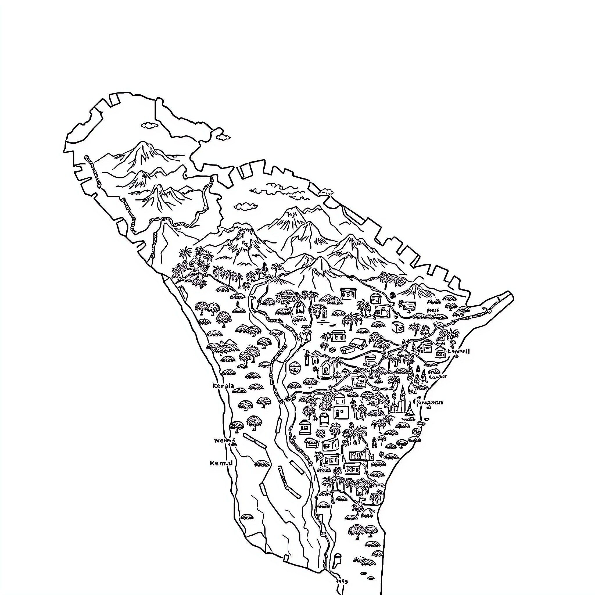 Kerala Landscape with Mountains, Villages, and Waterways Coloring Page (free black-and-white line drawing printable PDF for all, from beginners to advanced learners, including children, teens, adults, and seniors)