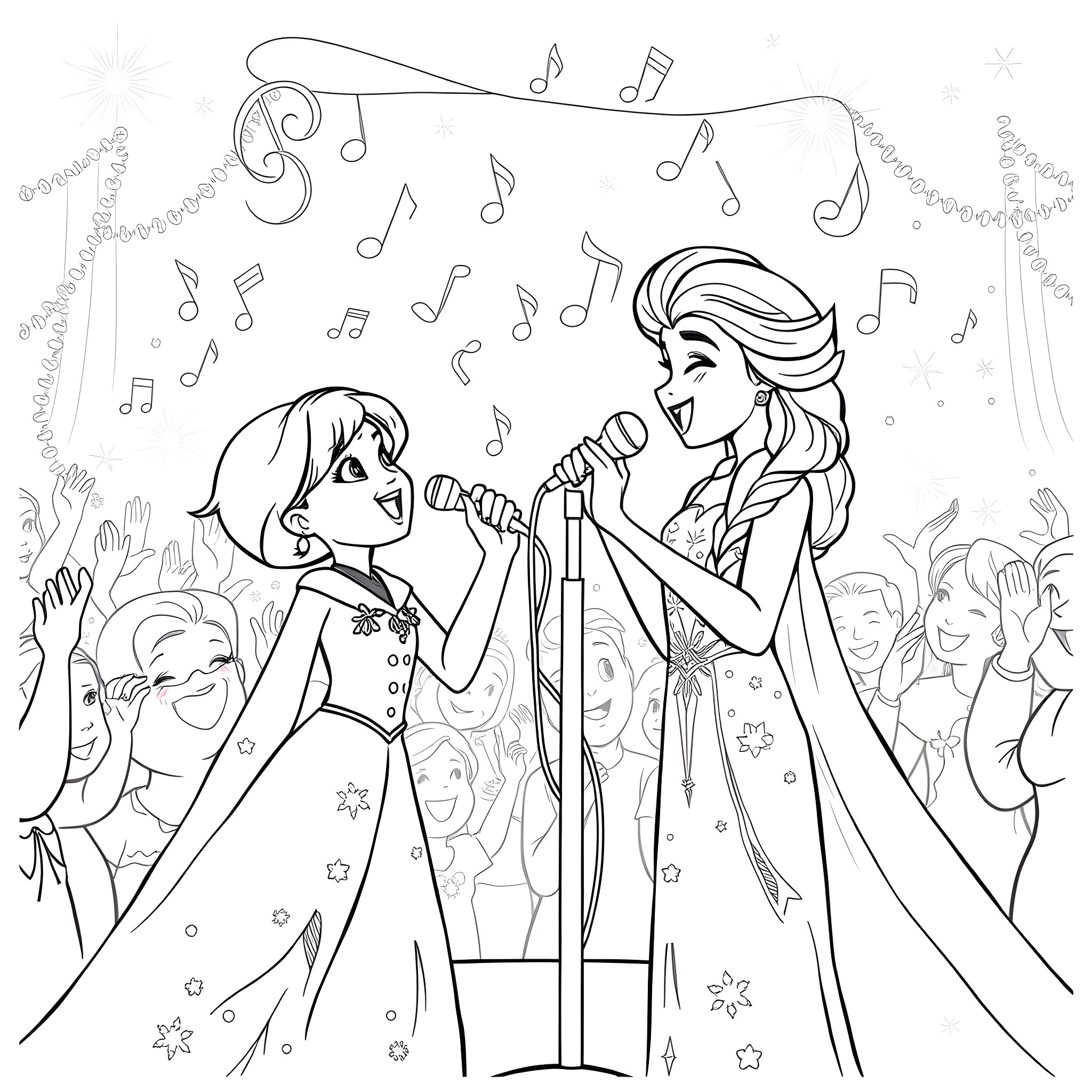 Poppy singing and performing with an audience Coloring Page (free black-and-white line drawing printable PDF for all, from beginners to advanced learners, including children, teens, adults, and seniors)