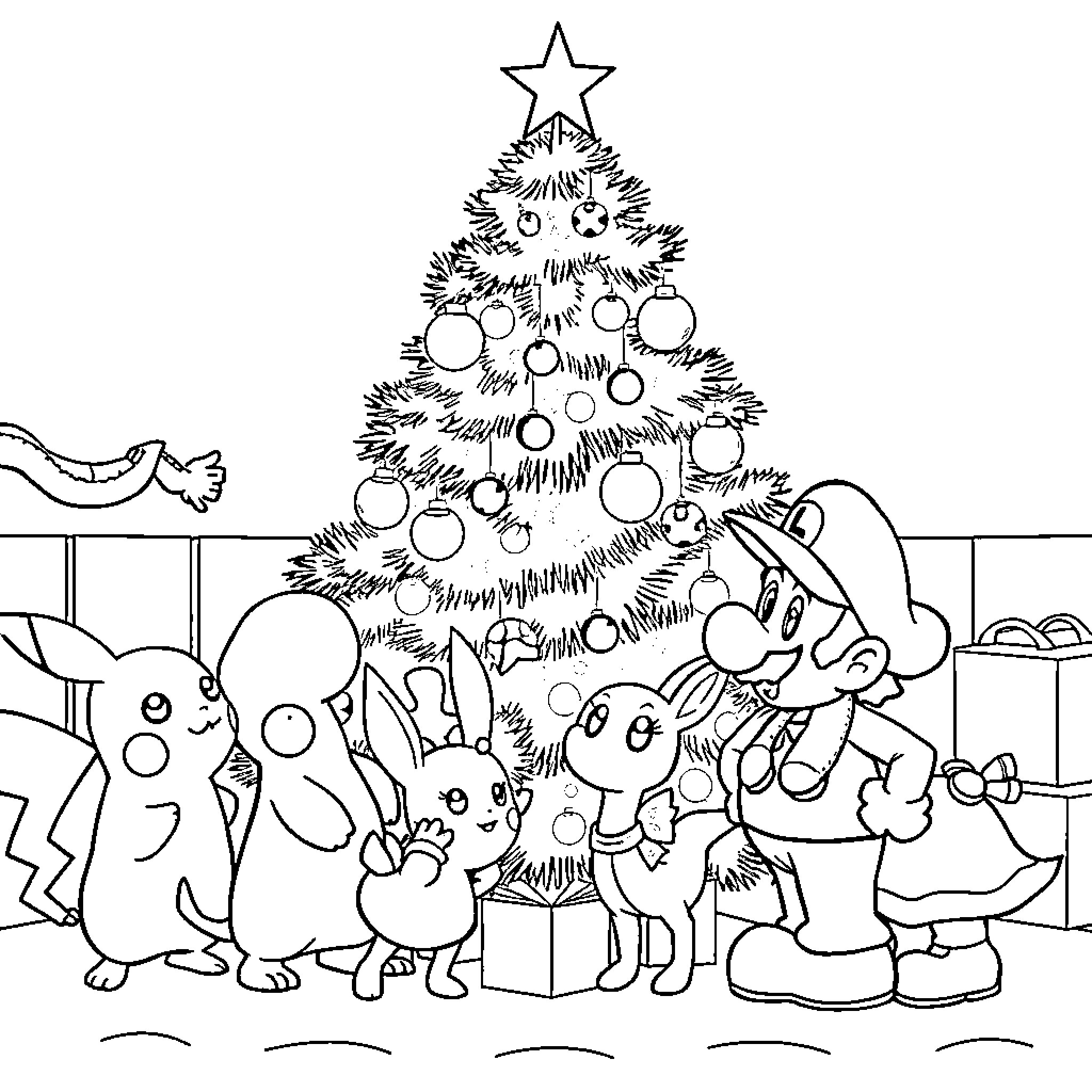 Mario and Friends Celebrate Christmas Together Coloring Page (free black-and-white line drawing printable PDF for all, from beginners to advanced learners, including children, teens, adults, and seniors)