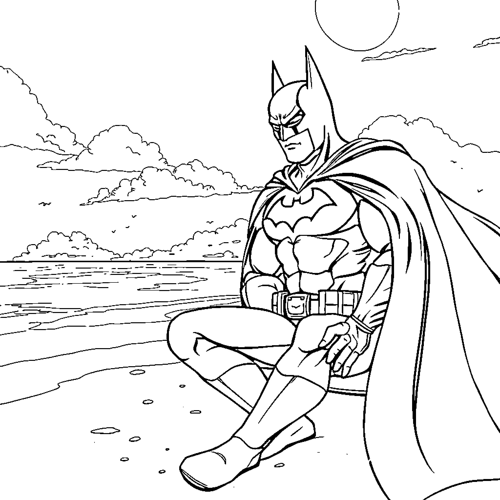 Batman overlooking the city in action pose Coloring Page (free black-and-white line drawing printable PDF for all, from beginners to advanced learners, including children, teens, adults, and seniors)