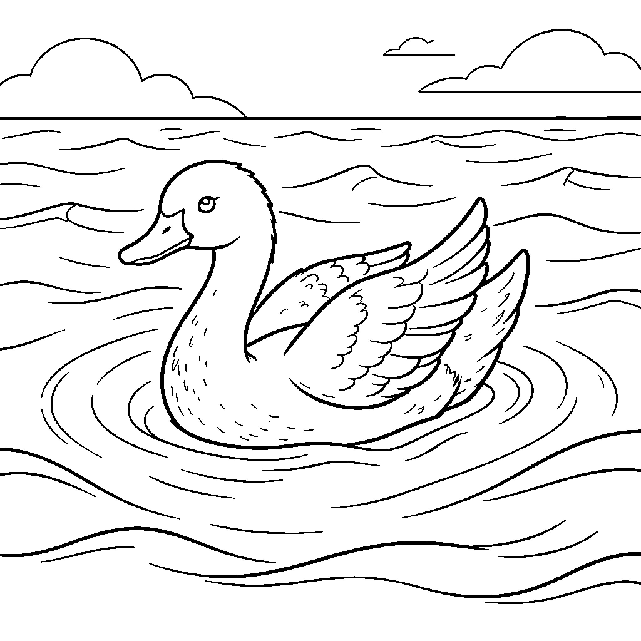 Dolphin swimming peacefully on the ocean waves Coloring Page (free black-and-white line drawing printable PDF for all, from beginners to advanced learners, including children, teens, adults, and seniors)