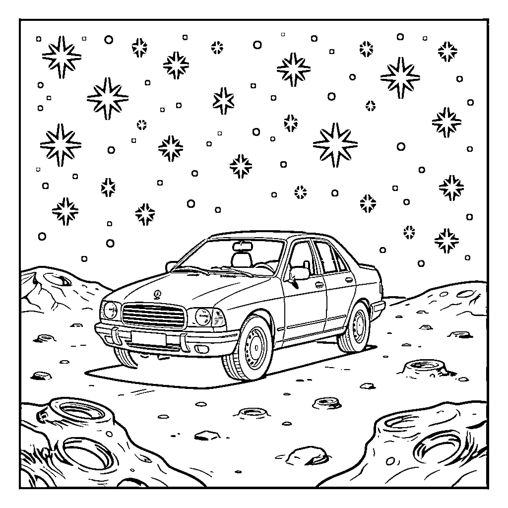 Car driving through snowy landscape Coloring Page (free black-and-white line drawing printable PDF for all, from beginners to advanced learners, including children, teens, adults, and seniors)