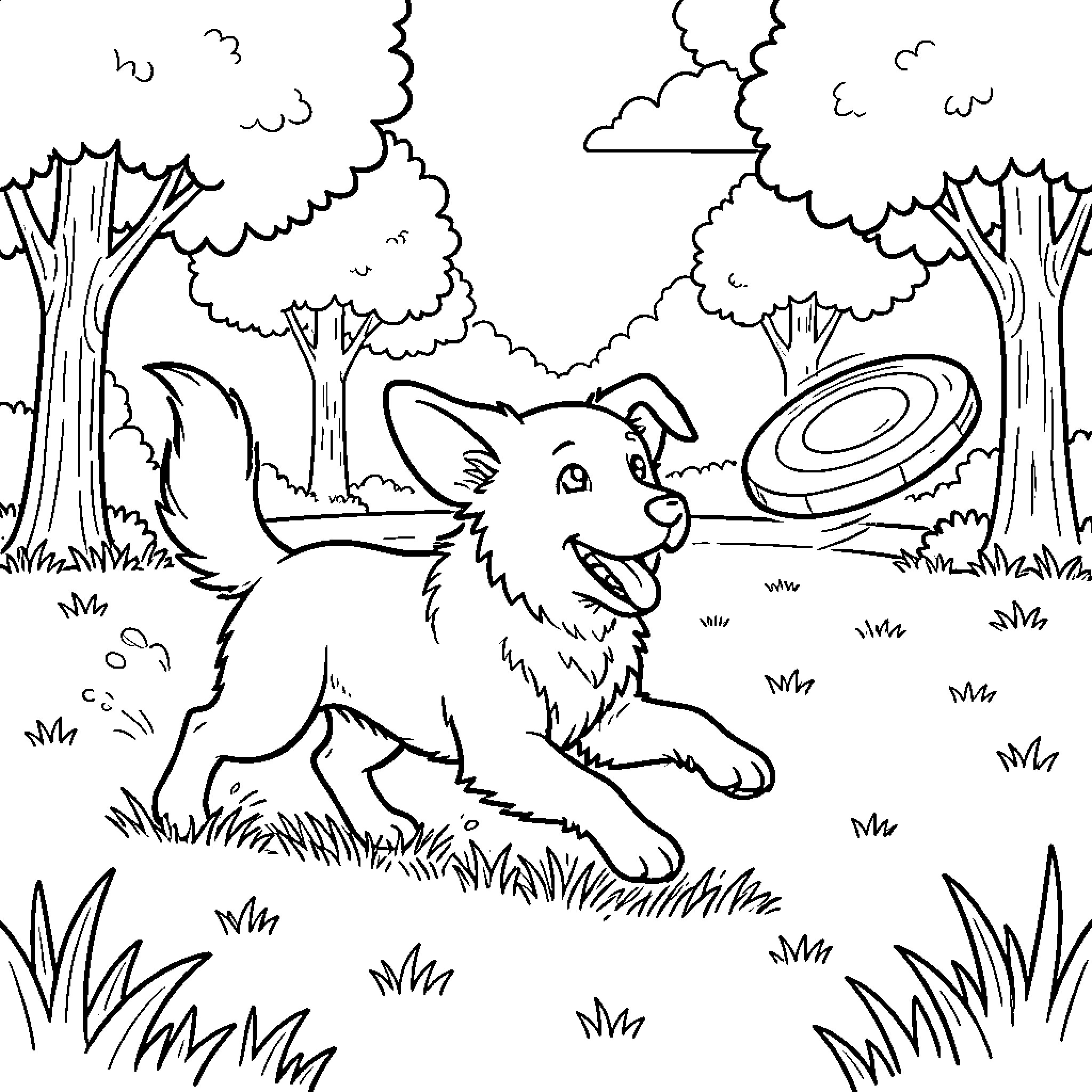 Dog playing in the park with a frisbee Coloring Page (free black-and-white line drawing printable PDF for all, from beginners to advanced learners, including children, teens, adults, and seniors)