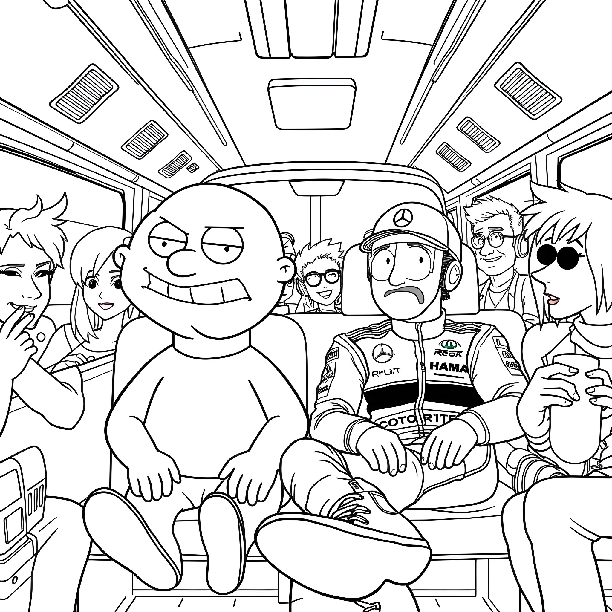 Stewie Griffin and friends on a wild bus ride Coloring Page (free black-and-white line drawing printable PDF for all, from beginners to advanced learners, including children, teens, adults, and seniors)