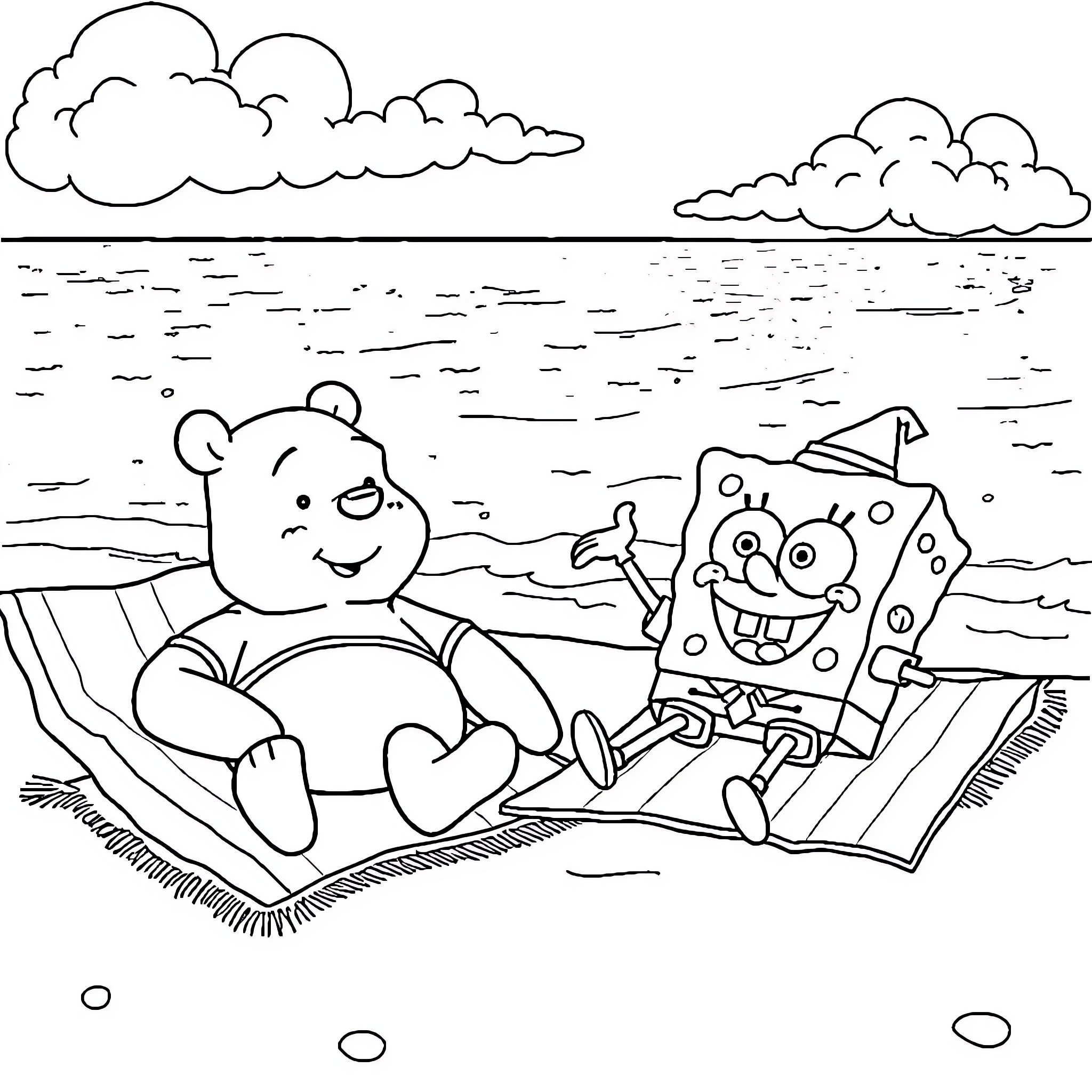 Pooh and SpongeBob Enjoying a Day at the Beach Coloring Page (free black-and-white line drawing printable PDF for all, from beginners to advanced learners, including children, teens, adults, and seniors)