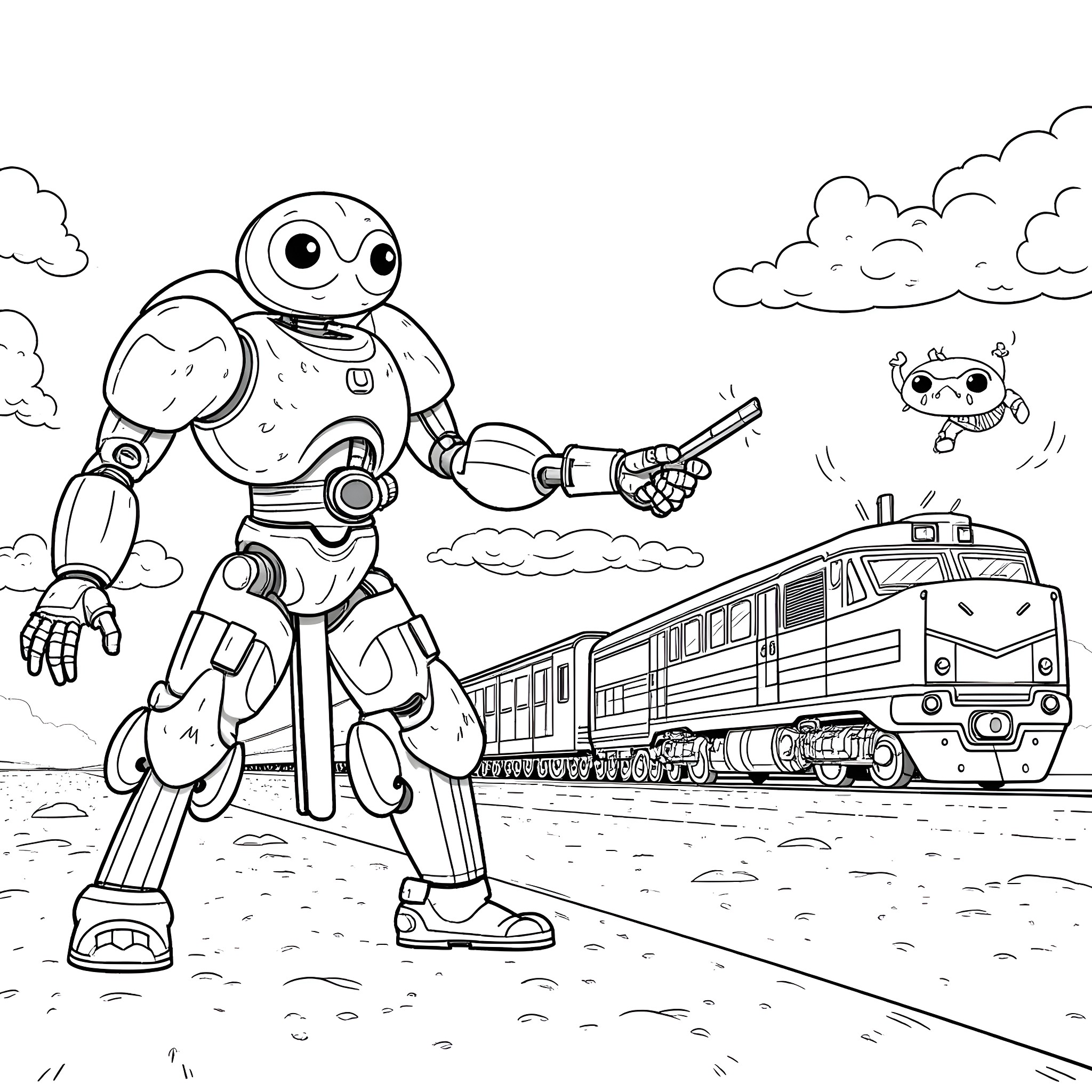 Drone-like robots interacting with train and animals Coloring Page (free black-and-white line drawing printable PDF for all, from beginners to advanced learners, including children, teens, adults, and seniors)