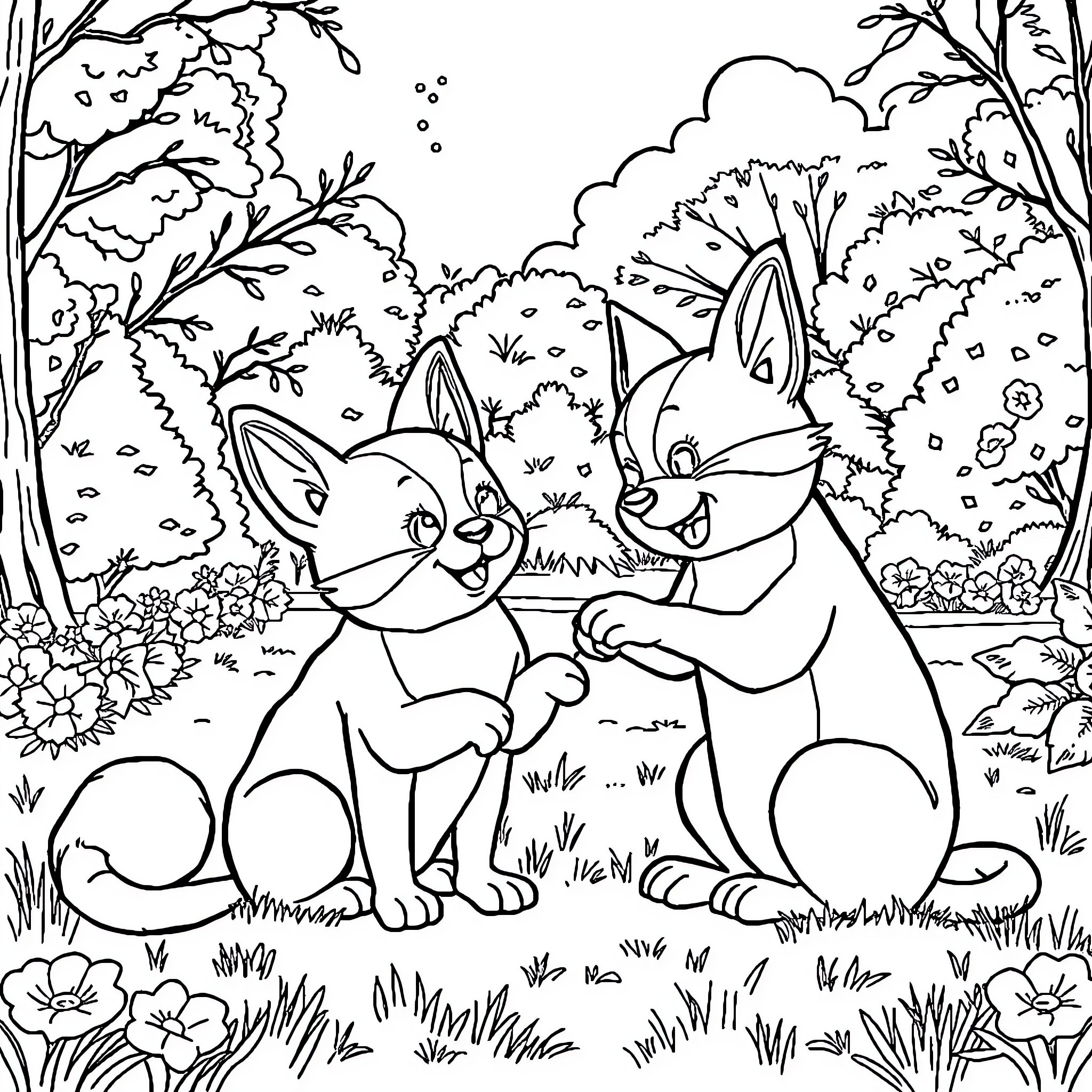 Puppy friends playing joyfully in the woods Coloring Page (free black-and-white line drawing printable PDF for all, from beginners to advanced learners, including children, teens, adults, and seniors)