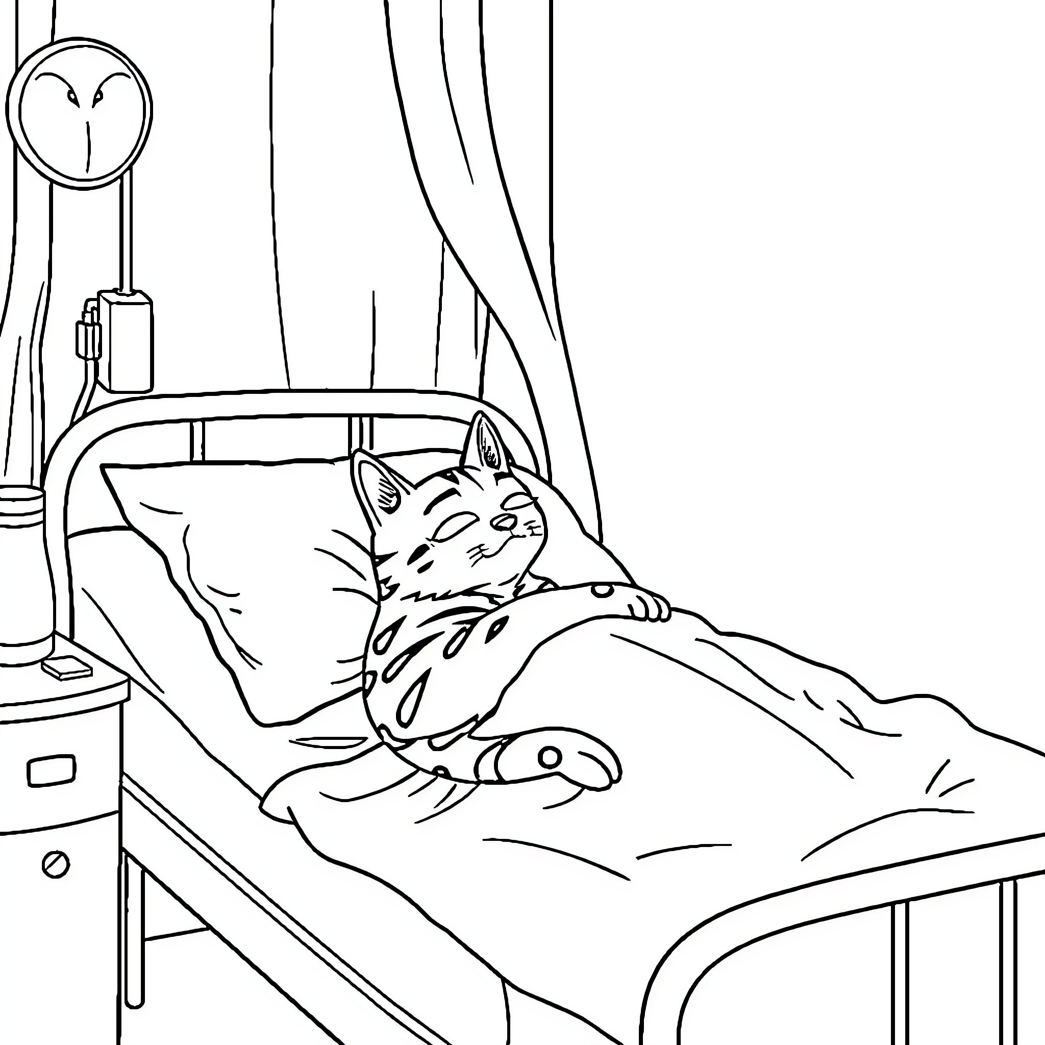 Pug resting peacefully in a hospital bed Coloring Page (free black-and-white line drawing printable PDF for all, from beginners to advanced learners, including children, teens, adults, and seniors)