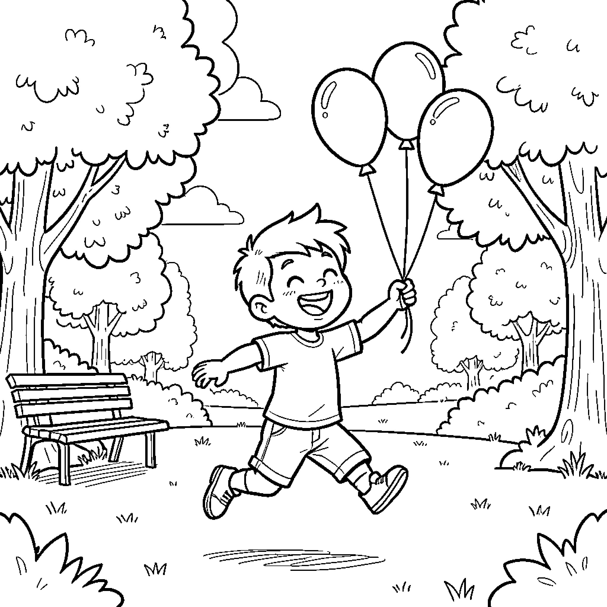 Child running happily while holding several balloons Coloring Page (free black-and-white line drawing printable PDF for all, from beginners to advanced learners, including children, teens, adults, and seniors)