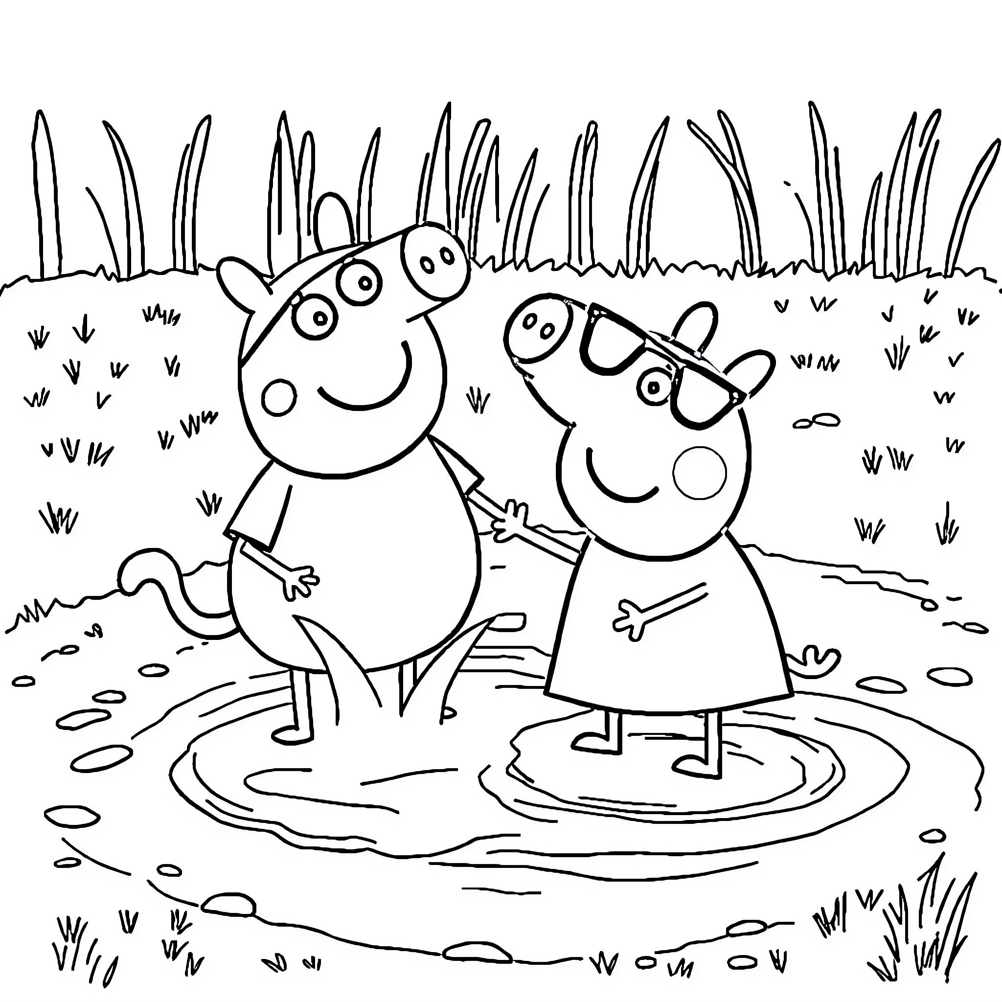 Peppa Pig and friends playing in the mud puddle Coloring Page (free black-and-white line drawing printable PDF for all, from beginners to advanced learners, including children, teens, adults, and seniors)