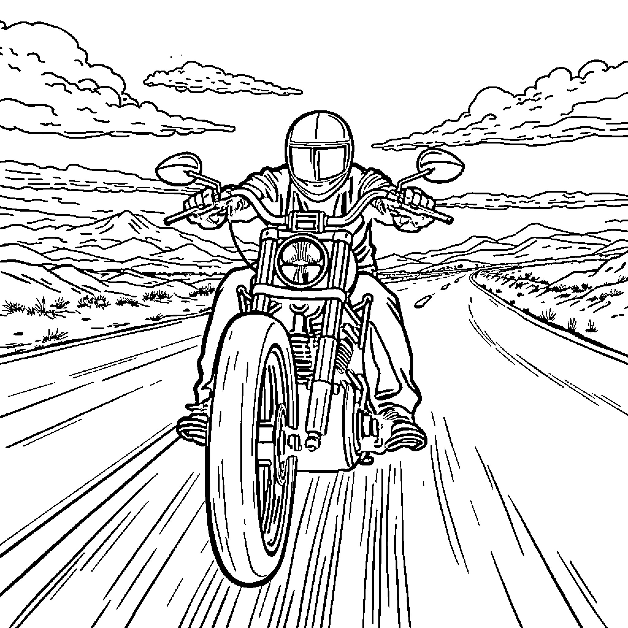 Chopper riding motorcycle on open road Coloring Page (free black-and-white line drawing printable PDF for all, from beginners to advanced learners, including children, teens, adults, and seniors)