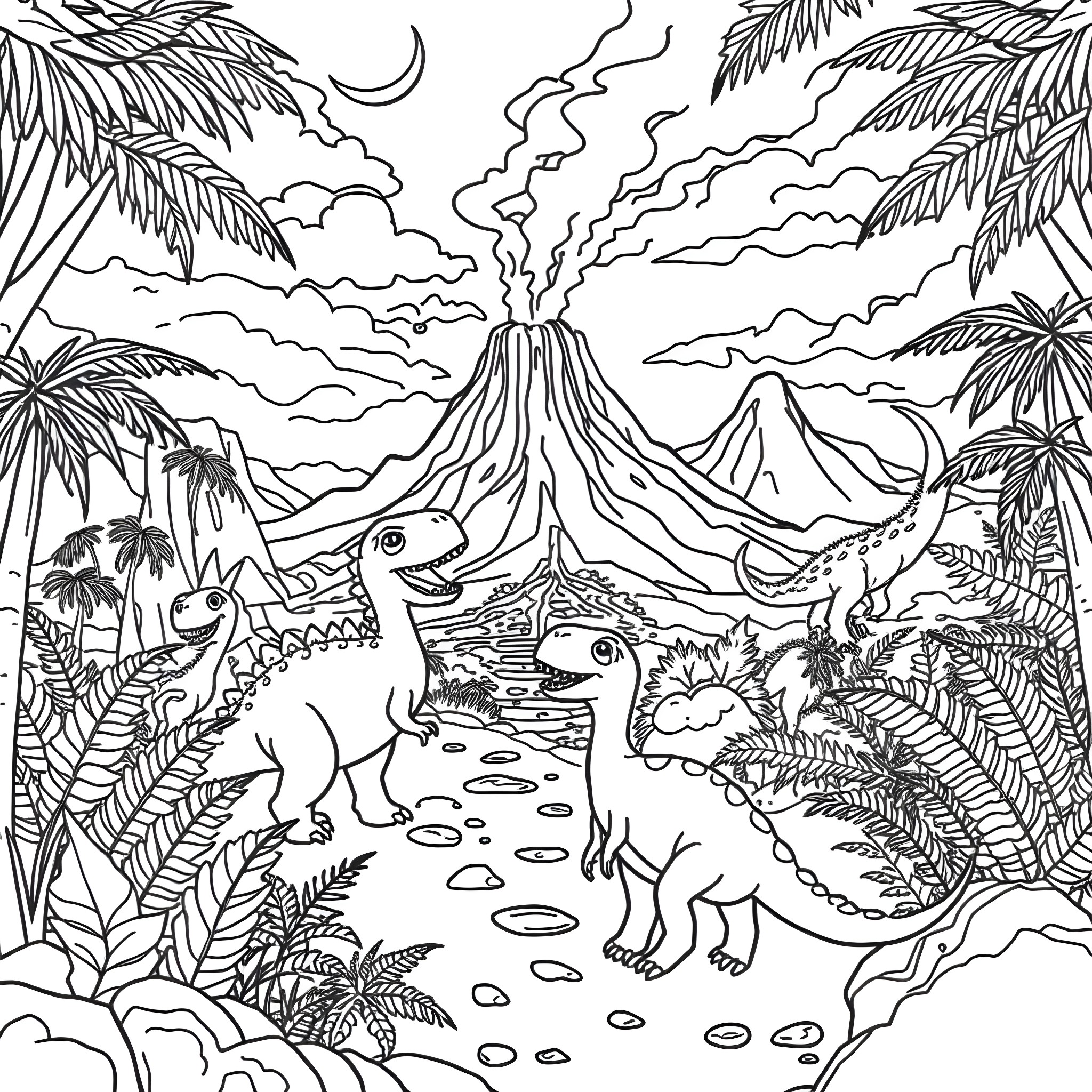 Dinosaur family exploring the prehistoric landscape Coloring Page (free black-and-white line drawing printable PDF for all, from beginners to advanced learners, including children, teens, adults, and seniors)
