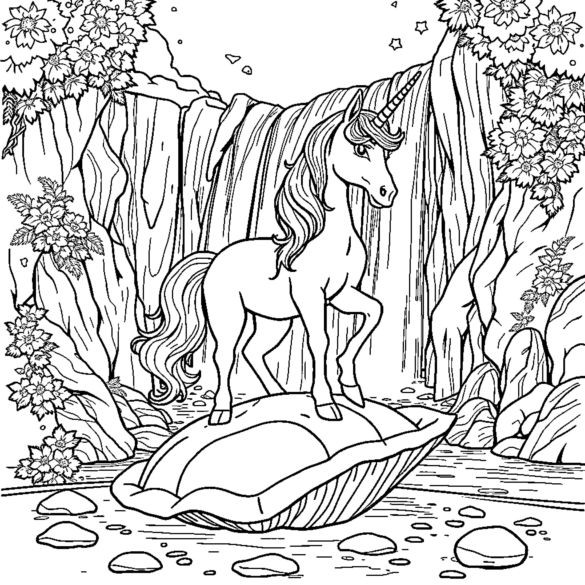 Unicorn standing amidst magical woodland scenery Coloring Page (free black-and-white line drawing printable PDF for all, from beginners to advanced learners, including children, teens, adults, and seniors)