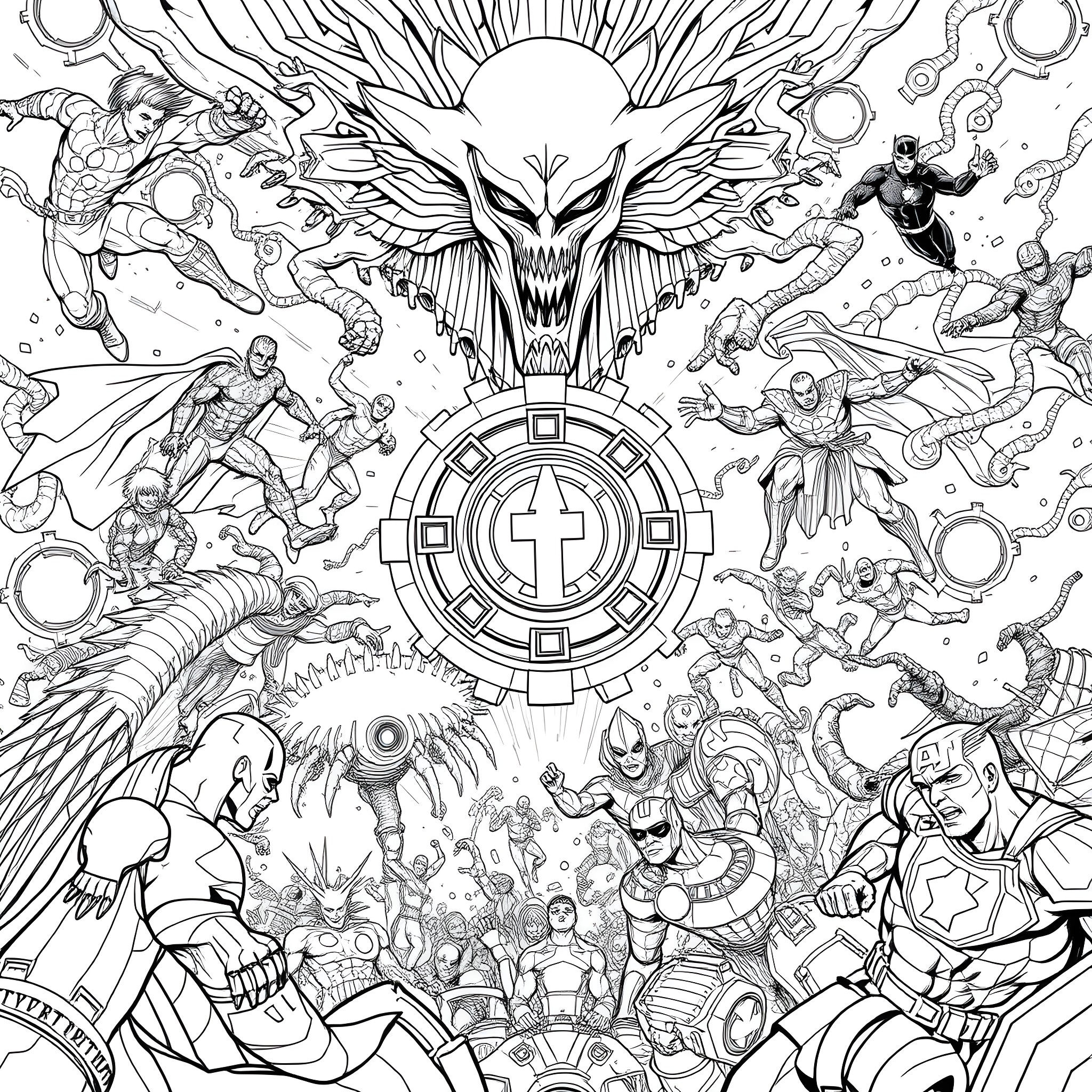 Superheroes in an Epic Cosmic Battle Coloring Page (free black-and-white line drawing printable PDF for all, from beginners to advanced learners, including children, teens, adults, and seniors)