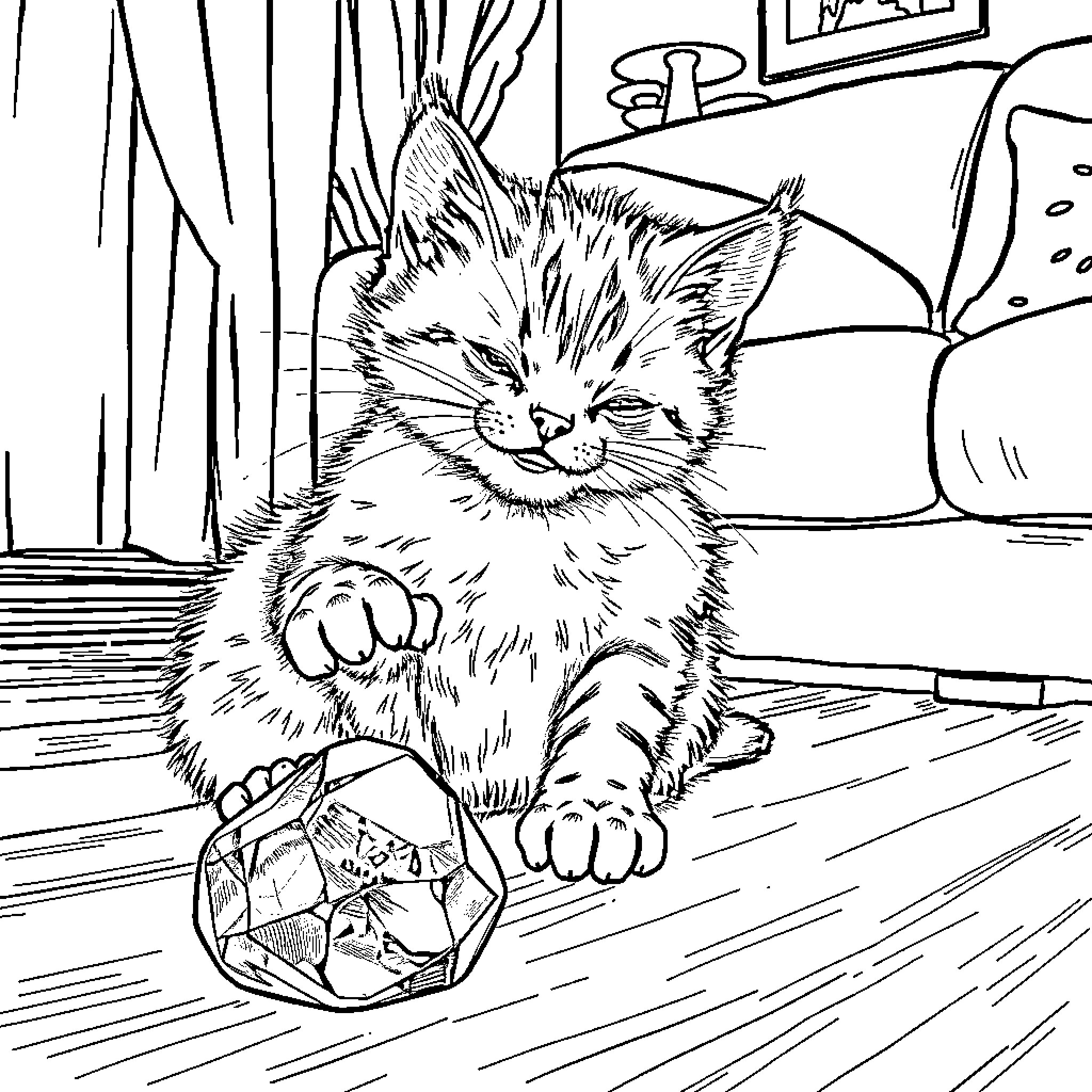 Kitty playing with a toy in the living room Coloring Page (free black-and-white line drawing printable PDF for all, from beginners to advanced learners, including children, teens, adults, and seniors)