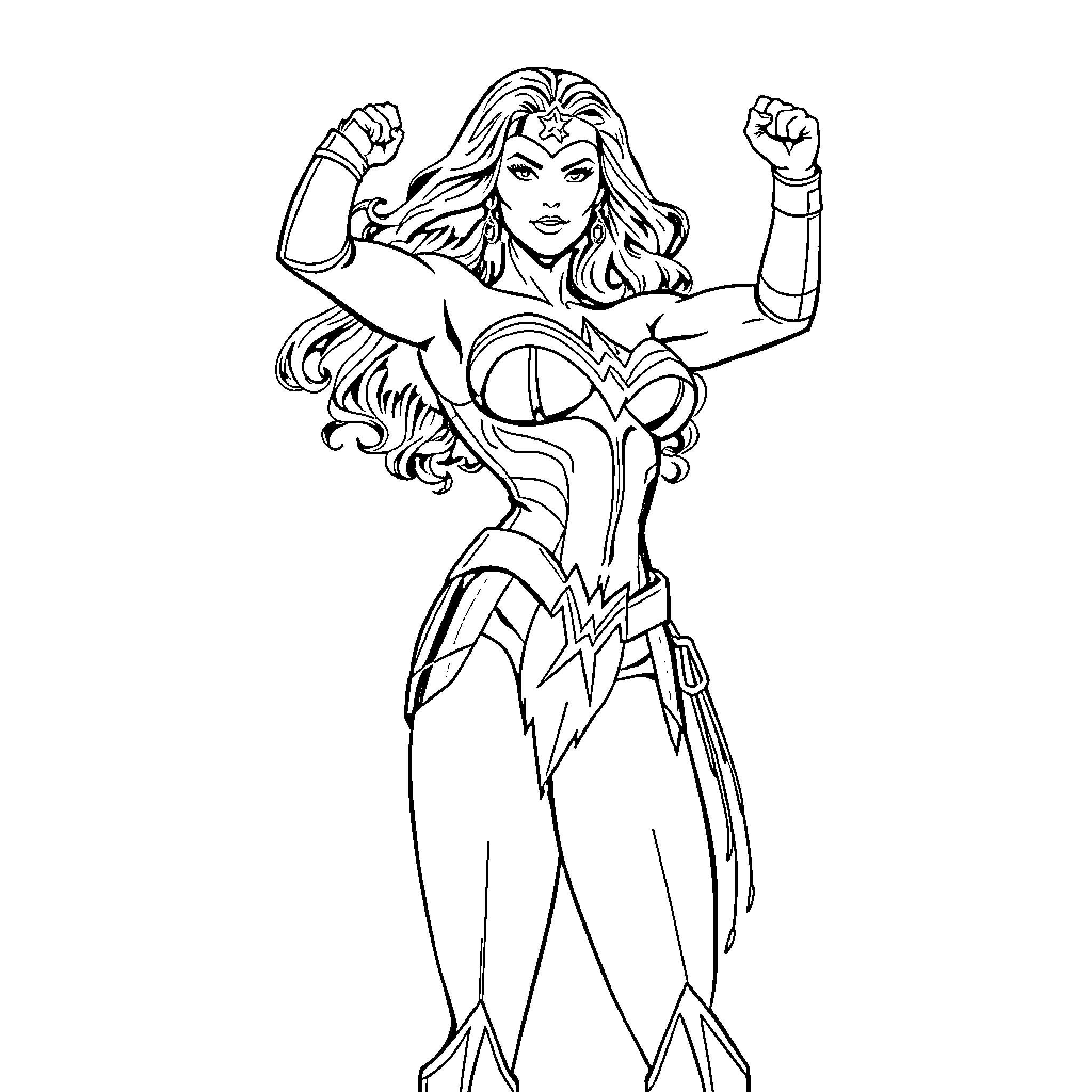 Wonder Woman Heroic Pose in Signature Outfit Coloring Page (free black-and-white line drawing printable PDF for all, from beginners to advanced learners, including children, teens, adults, and seniors)